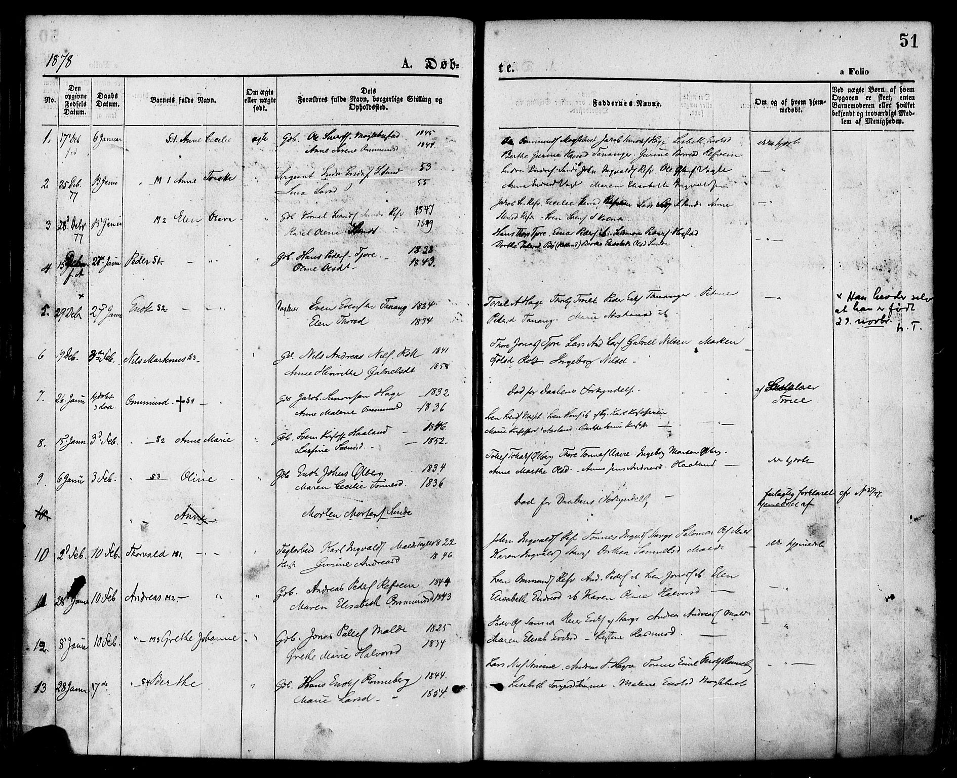 Håland sokneprestkontor, SAST/A-101802/001/30BA/L0009: Parish register (official) no. A 8, 1871-1882, p. 51