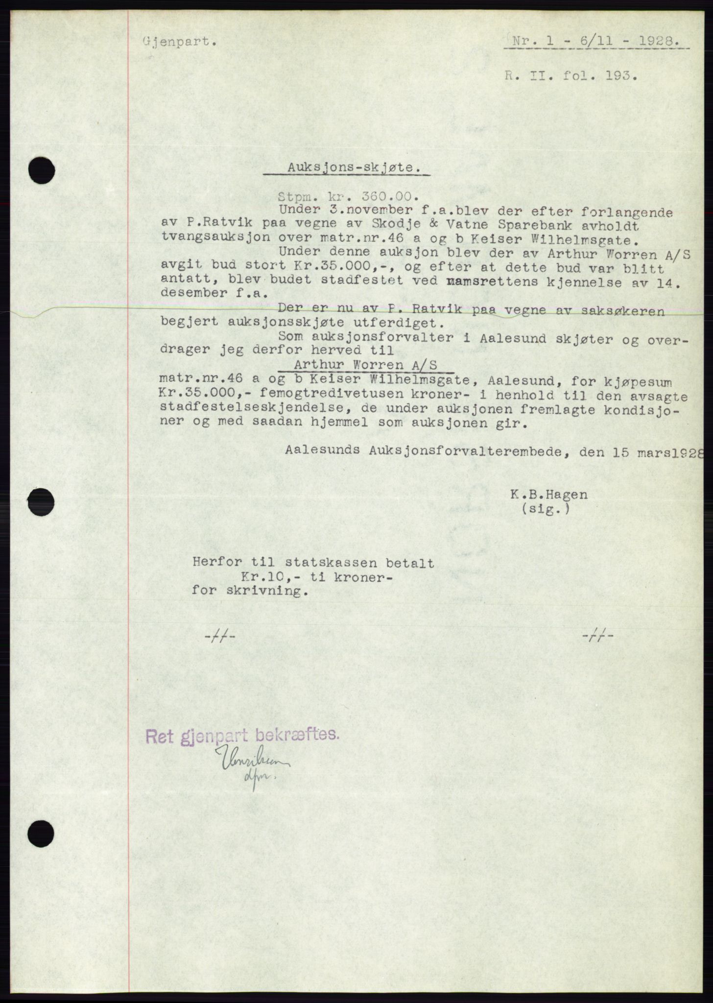 Ålesund byfogd, AV/SAT-A-4384: Mortgage book no. 24, 1928-1929, Deed date: 06.11.1928