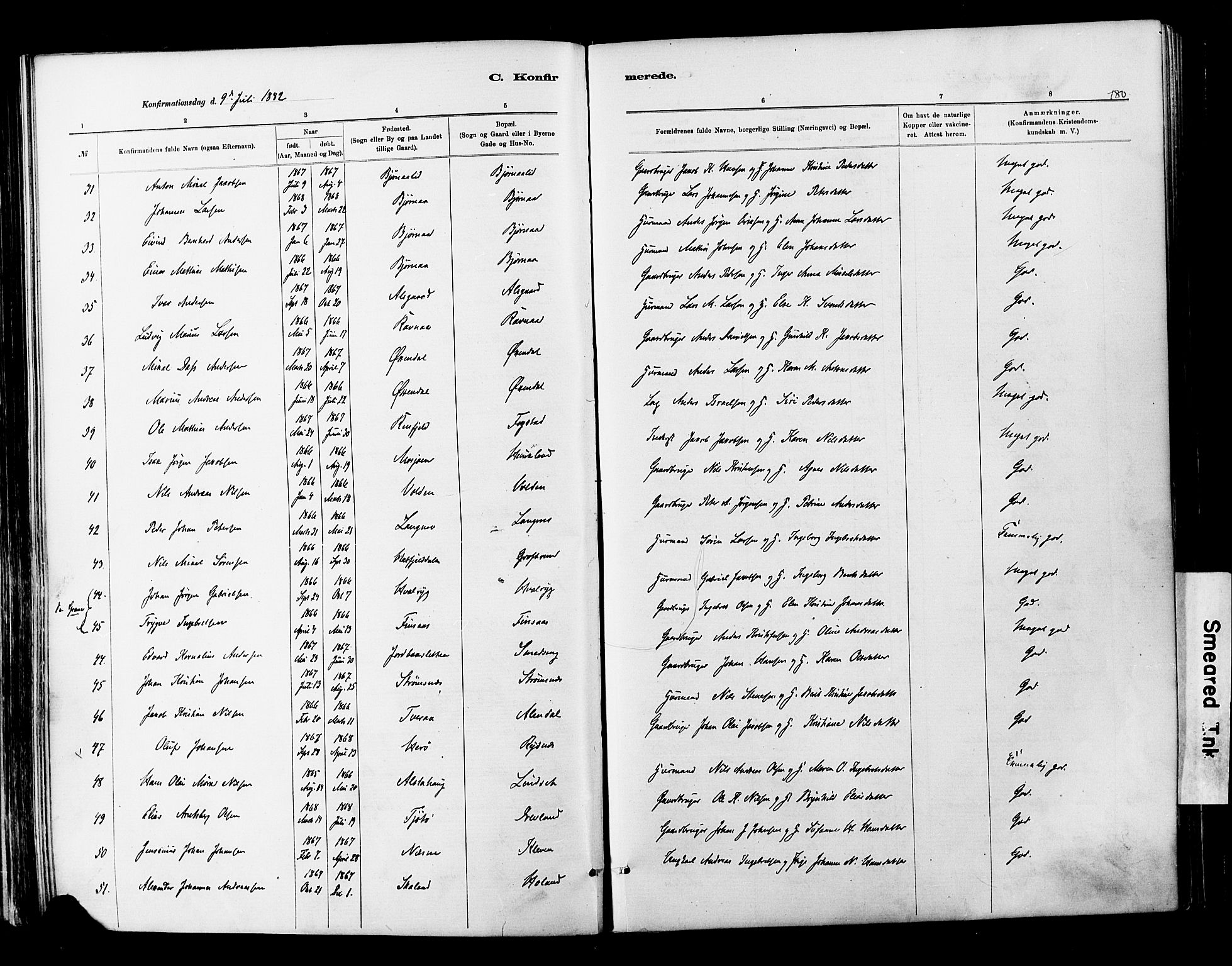 Ministerialprotokoller, klokkerbøker og fødselsregistre - Nordland, AV/SAT-A-1459/820/L0295: Parish register (official) no. 820A16, 1880-1896, p. 180