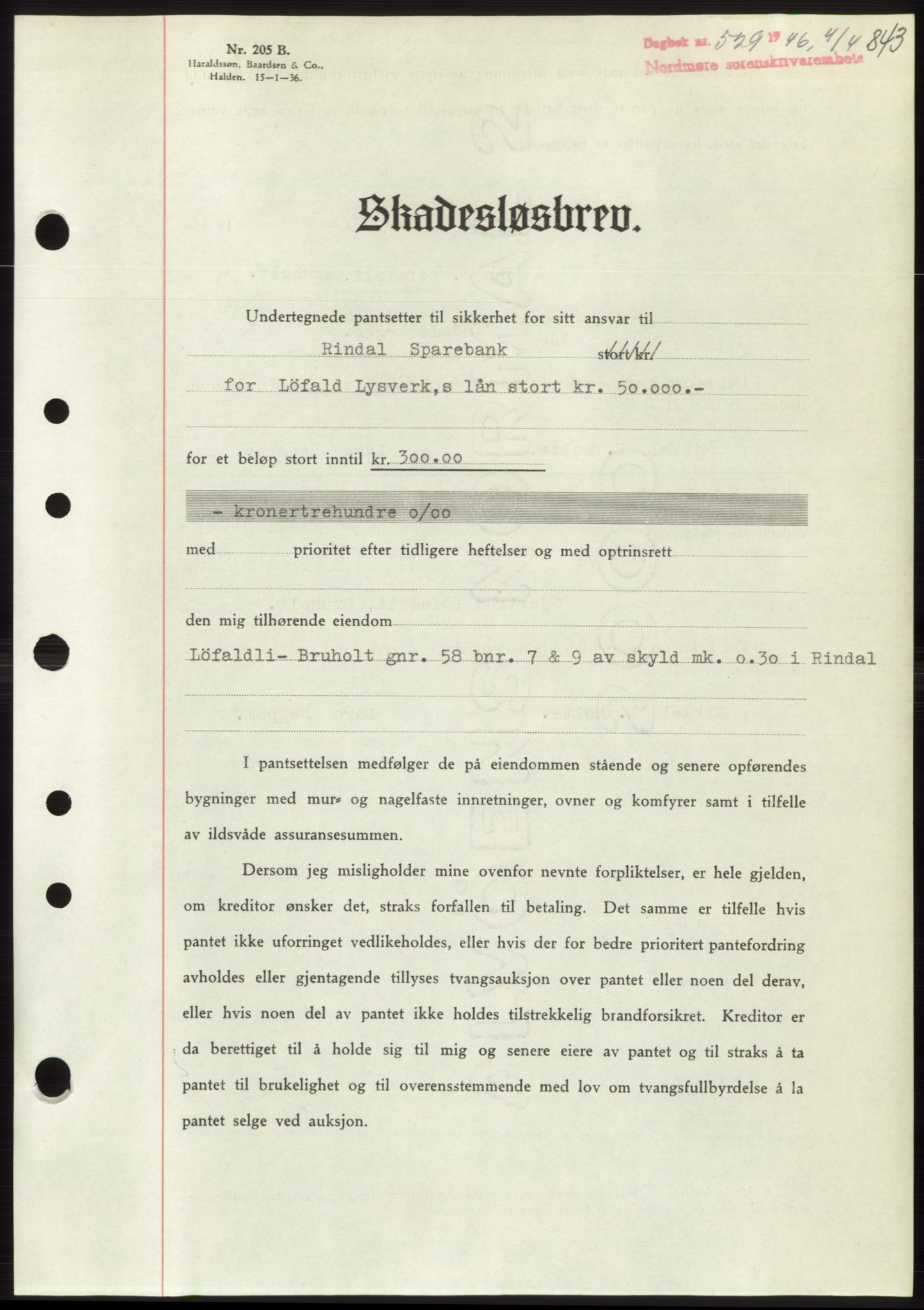 Nordmøre sorenskriveri, AV/SAT-A-4132/1/2/2Ca: Mortgage book no. B93b, 1946-1946, Diary no: : 529/1946