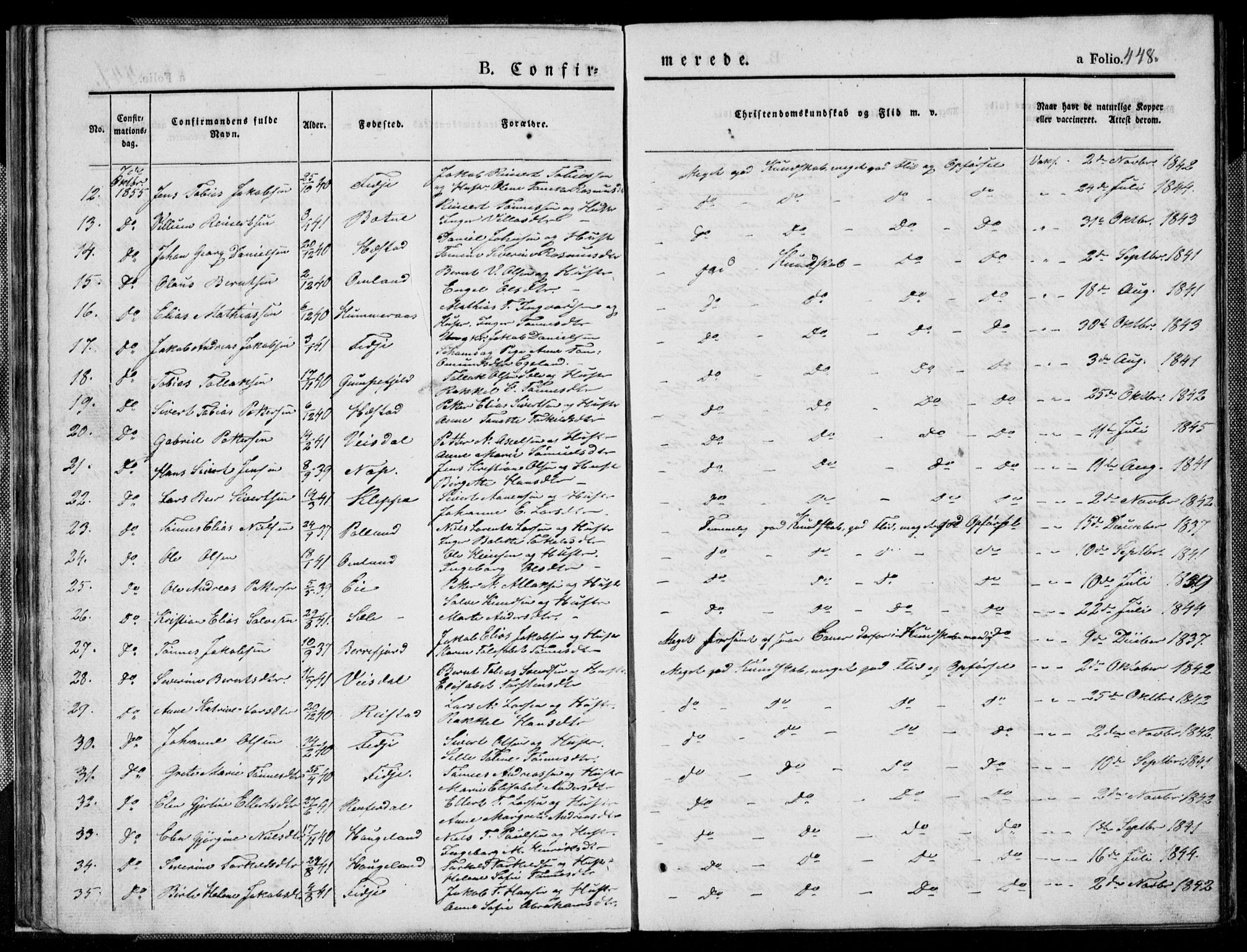 Flekkefjord sokneprestkontor, SAK/1111-0012/F/Fb/Fbb/L0002: Parish register (copy) no. B 2b, 1831-1866, p. 448