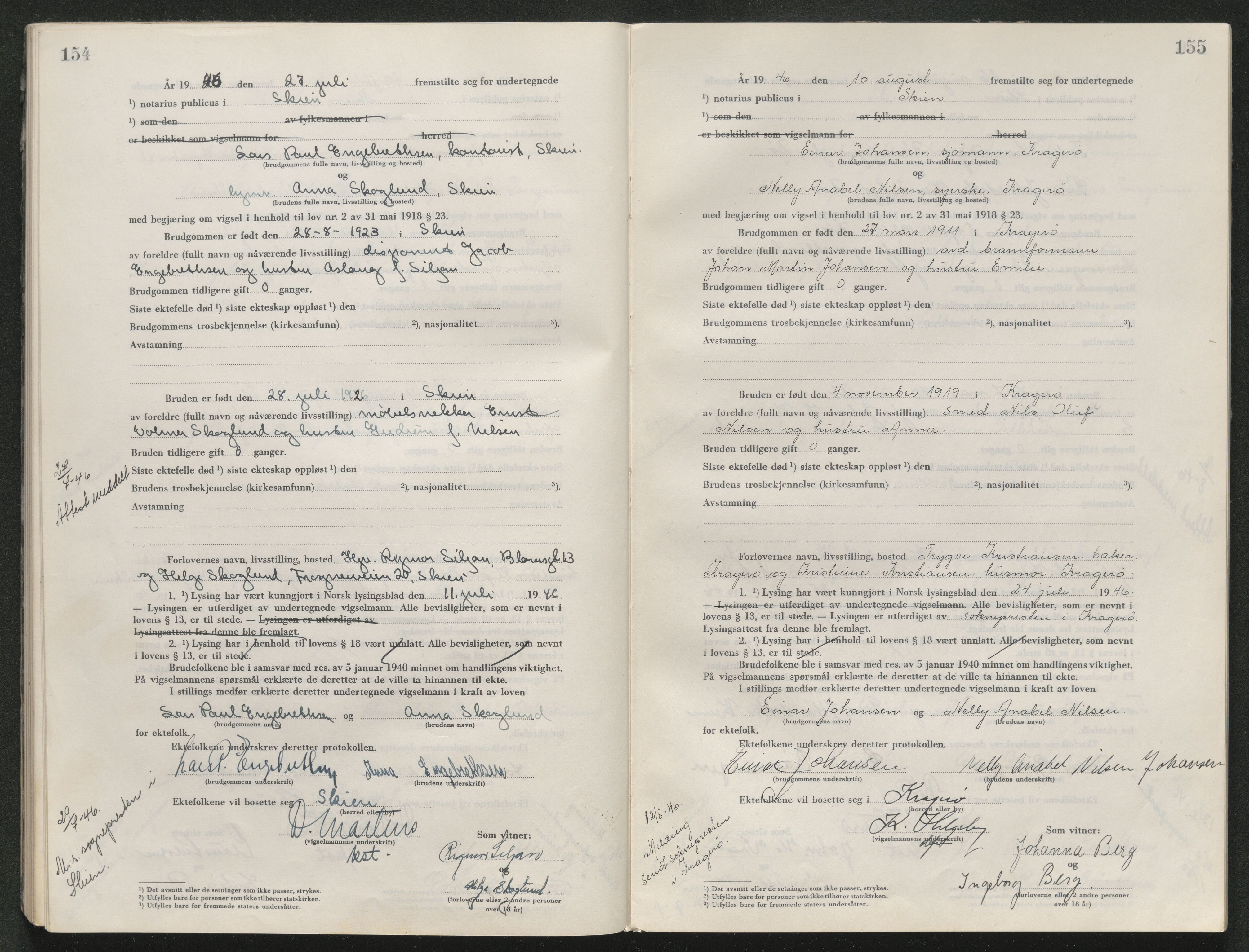 Skien sorenskriveri, AV/SAKO-A-225/L/La/L0001: Vigselsprotokoll, 1920-1947, p. 154-155