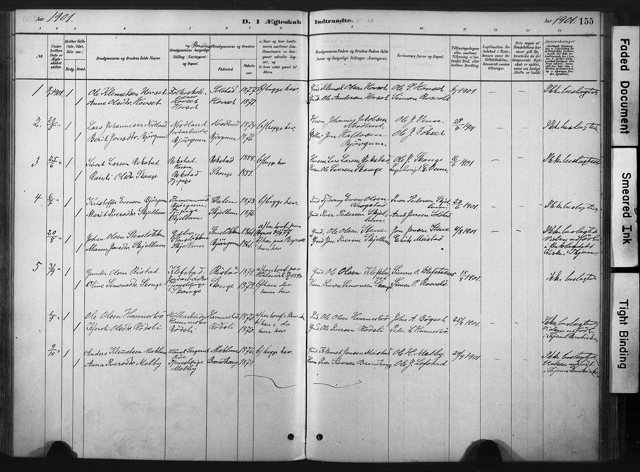 Ministerialprotokoller, klokkerbøker og fødselsregistre - Sør-Trøndelag, SAT/A-1456/667/L0795: Parish register (official) no. 667A03, 1879-1907, p. 155
