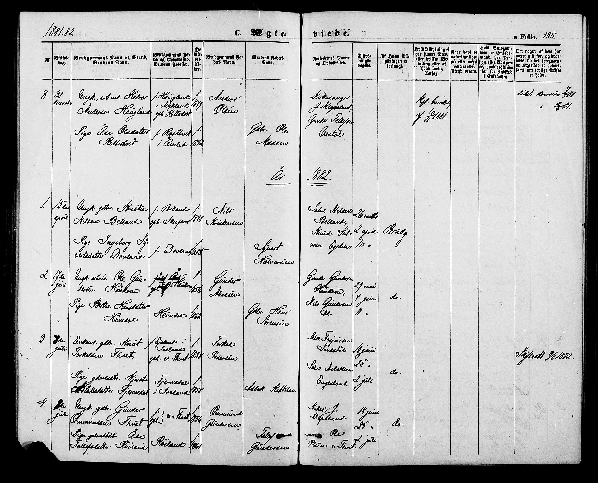 Herefoss sokneprestkontor, SAK/1111-0019/F/Fa/Fab/L0003: Parish register (official) no. A 3, 1875-1886, p. 155