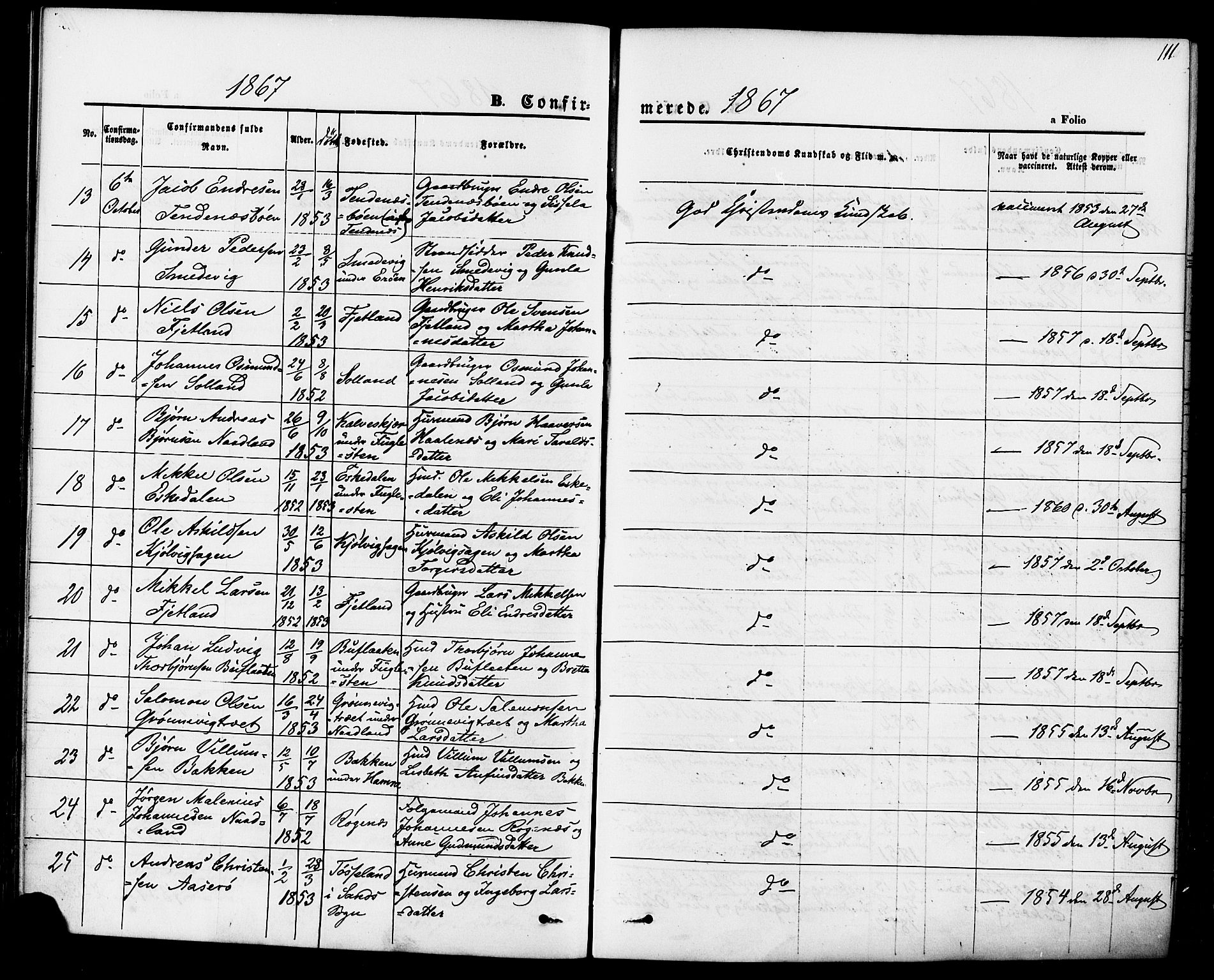 Jelsa sokneprestkontor, AV/SAST-A-101842/01/IV: Parish register (official) no. A 8, 1867-1883, p. 111