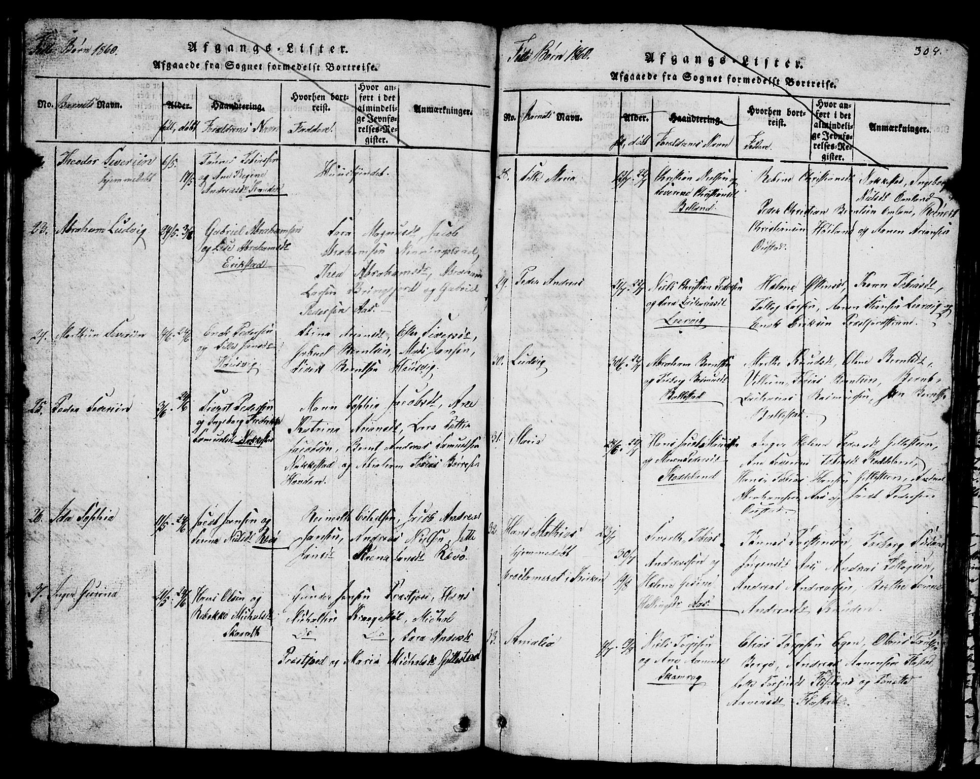 Lyngdal sokneprestkontor, AV/SAK-1111-0029/F/Fb/Fba/L0001: Parish register (copy) no. B 1, 1816-1876, p. 308