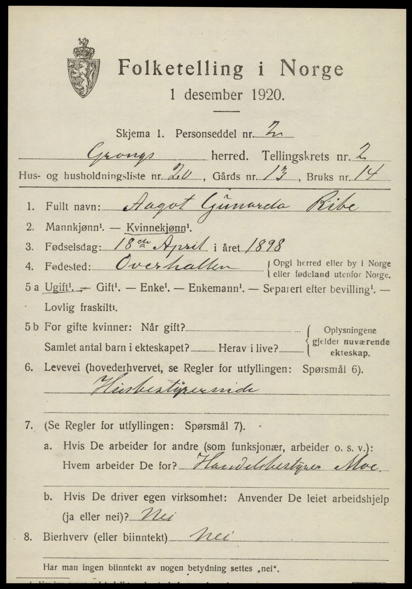 SAT, 1920 census for Grong, 1920, p. 1771