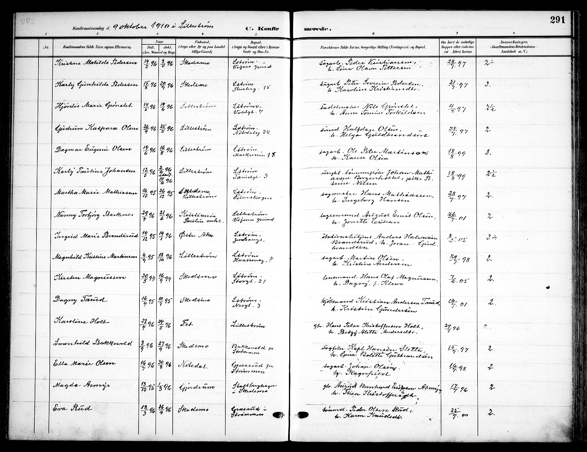 Skedsmo prestekontor Kirkebøker, AV/SAO-A-10033a/F/Fa/L0015: Parish register (official) no. I 15, 1902-1917, p. 291