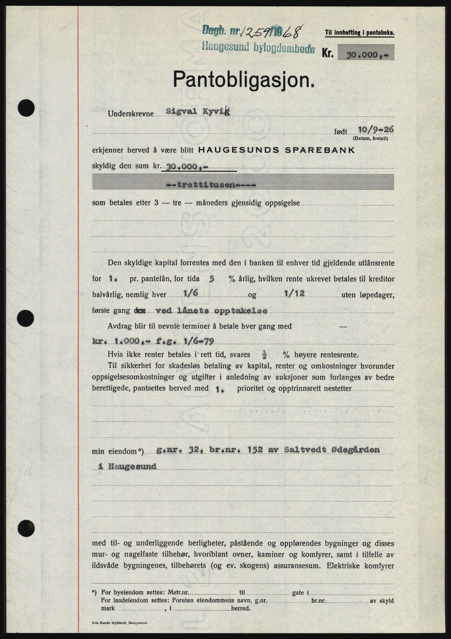 Haugesund tingrett, SAST/A-101415/01/II/IIC/L0058: Mortgage book no. B 58, 1967-1968, Diary no: : 1259/1968