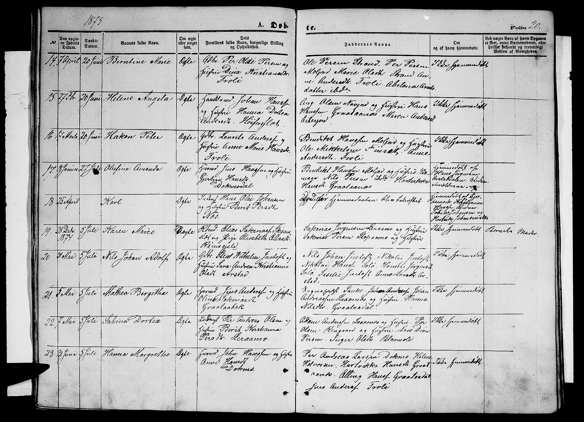 Ministerialprotokoller, klokkerbøker og fødselsregistre - Nordland, SAT/A-1459/846/L0653: Parish register (copy) no. 846C03, 1872-1887, p. 20