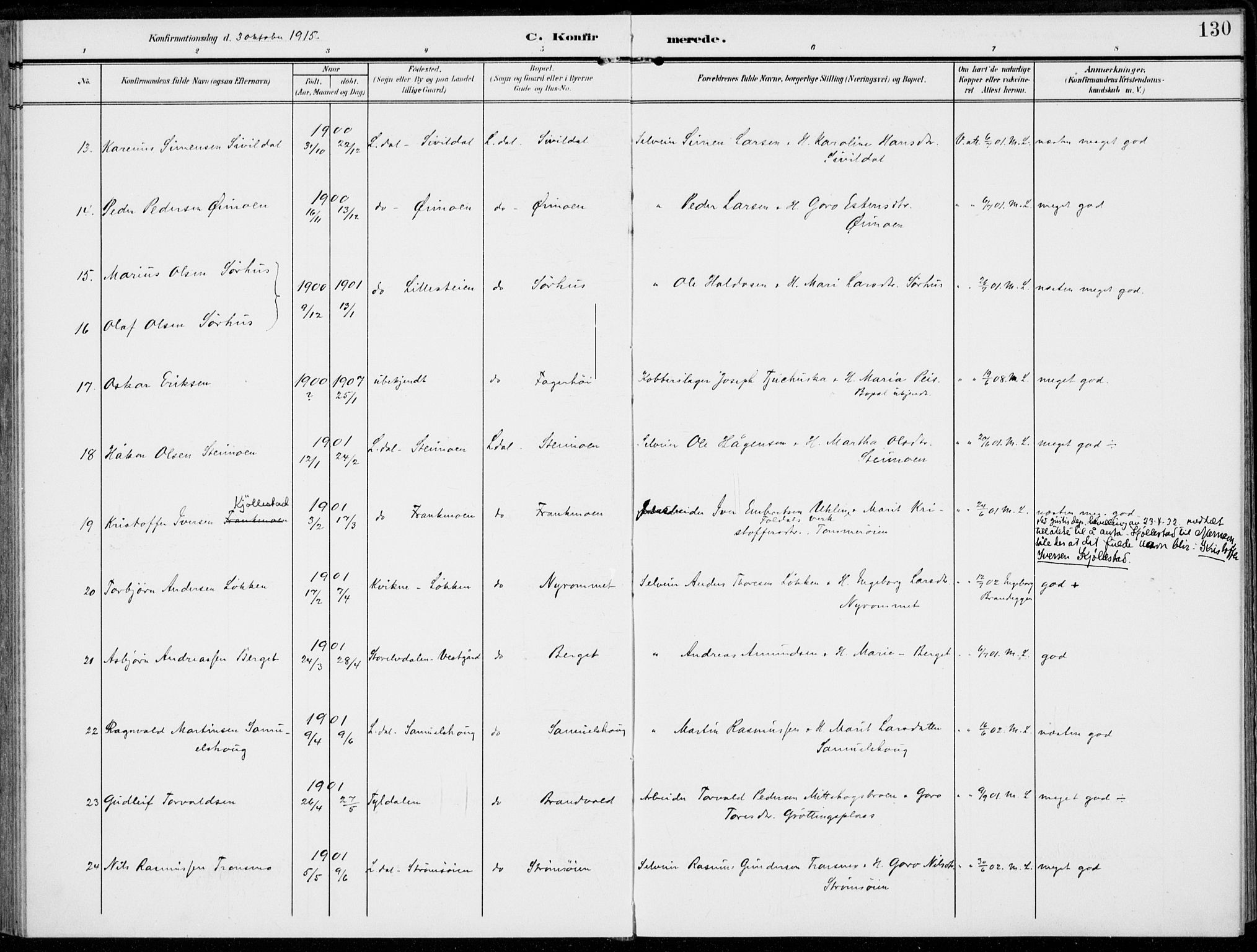 Alvdal prestekontor, AV/SAH-PREST-060/H/Ha/Haa/L0004: Parish register (official) no. 4, 1907-1919, p. 130