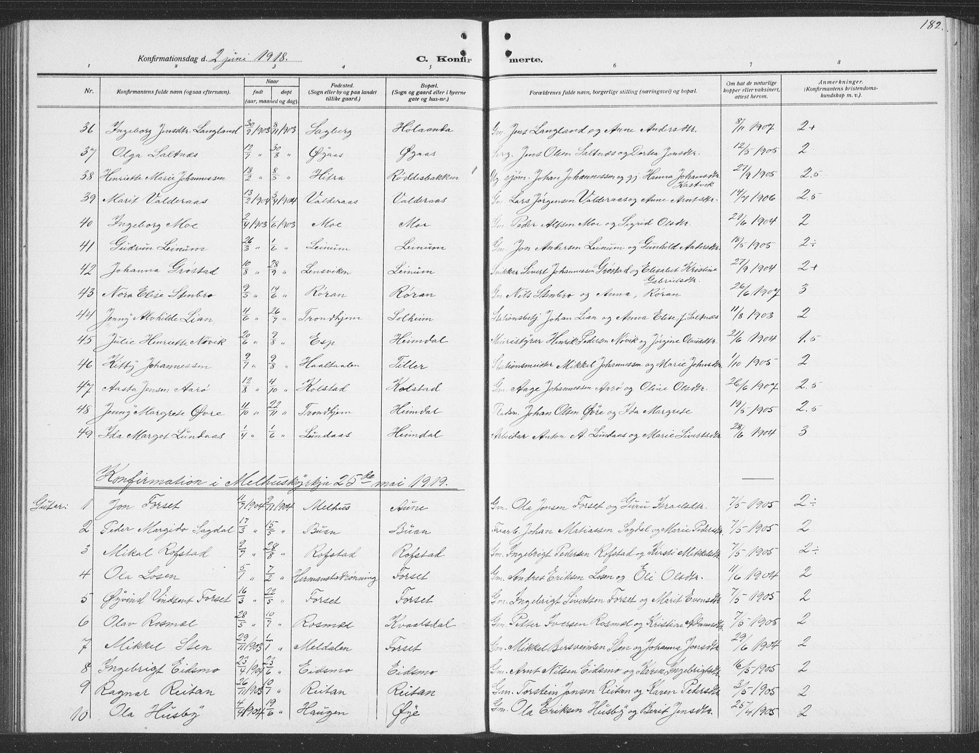 Ministerialprotokoller, klokkerbøker og fødselsregistre - Sør-Trøndelag, SAT/A-1456/691/L1095: Parish register (copy) no. 691C06, 1912-1933, p. 182