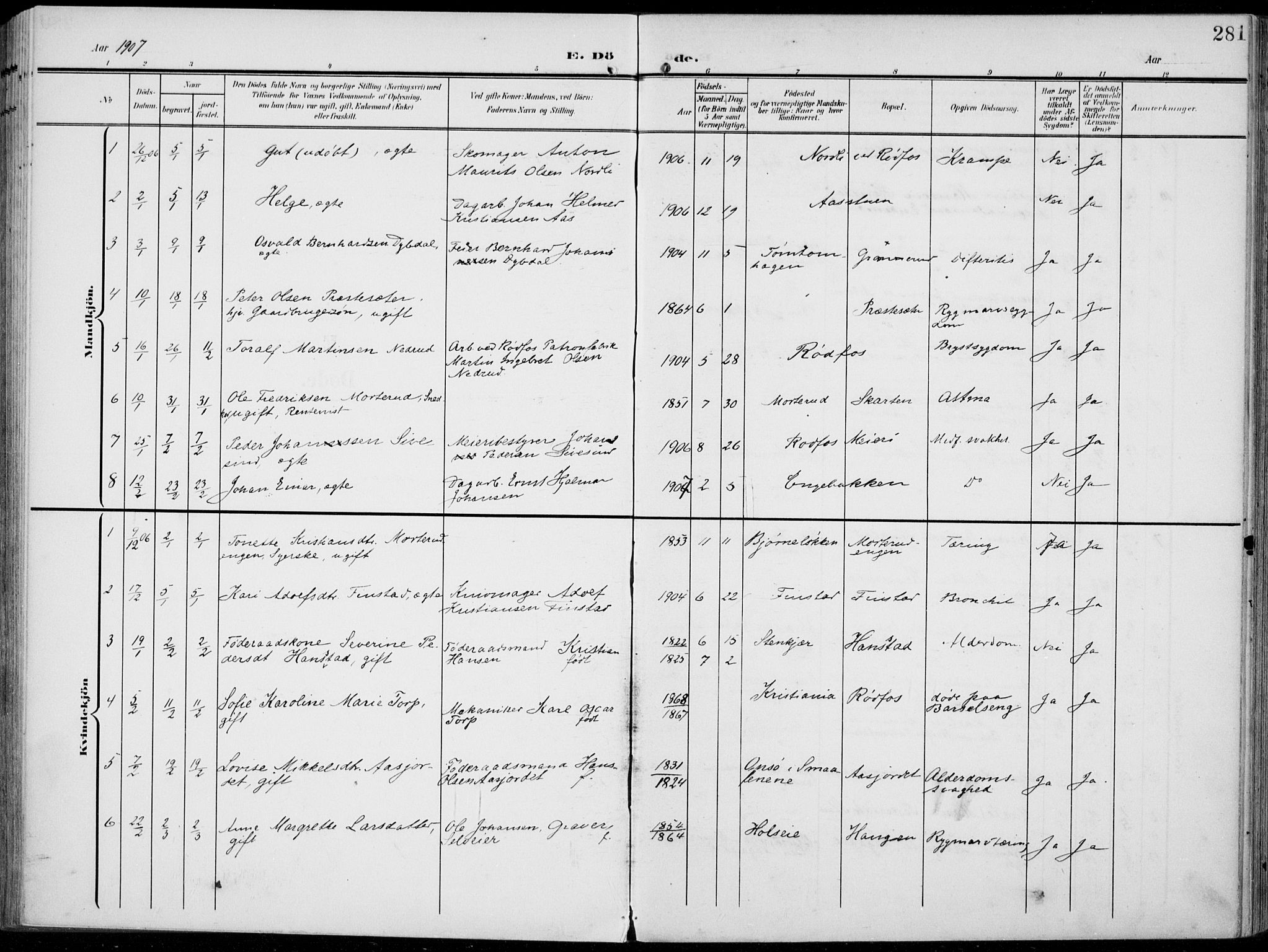 Vestre Toten prestekontor, SAH/PREST-108/H/Ha/Haa/L0014: Parish register (official) no. 14, 1907-1920, p. 281