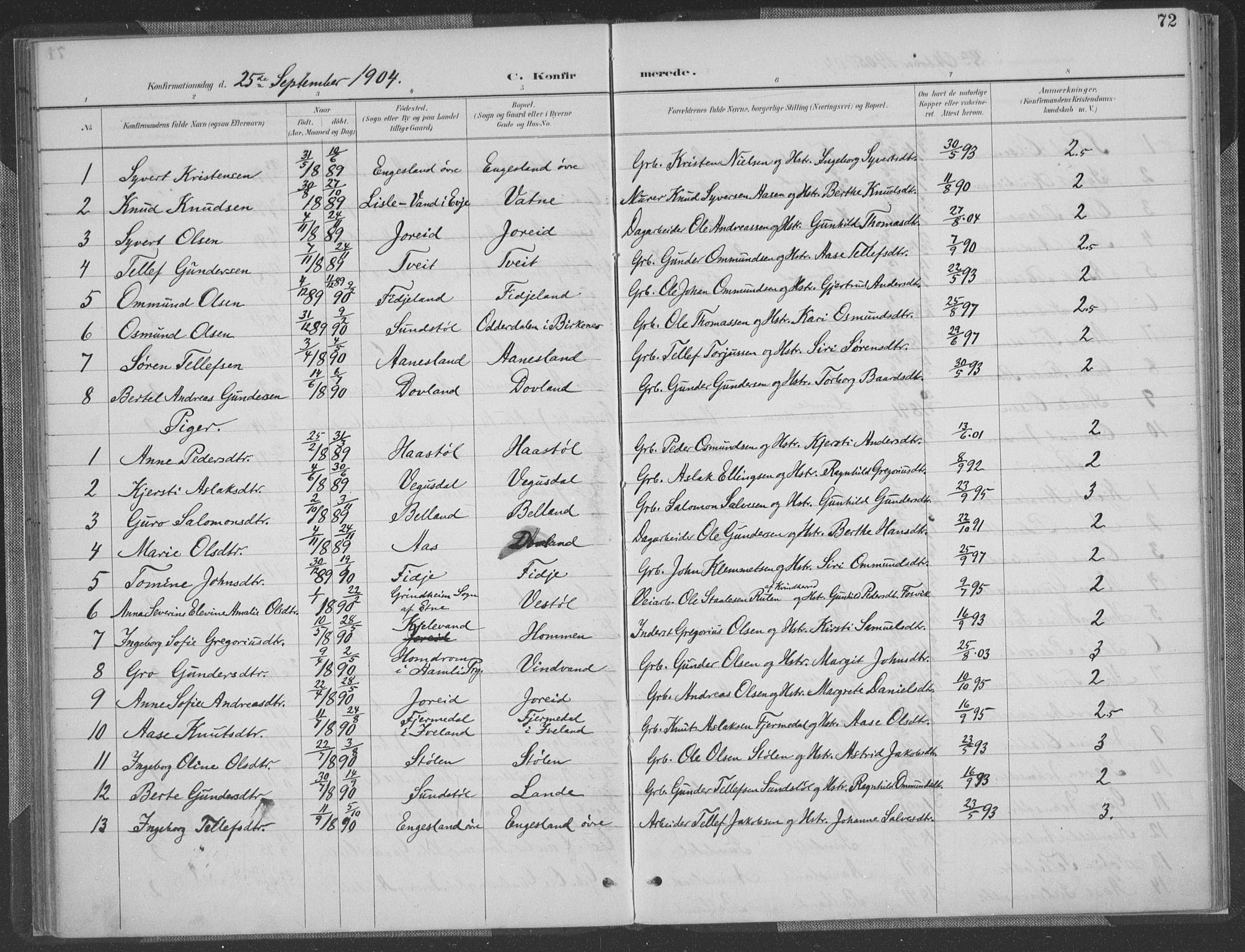 Herefoss sokneprestkontor, AV/SAK-1111-0019/F/Fa/Fab/L0004: Parish register (official) no. A 4, 1887-1909, p. 72