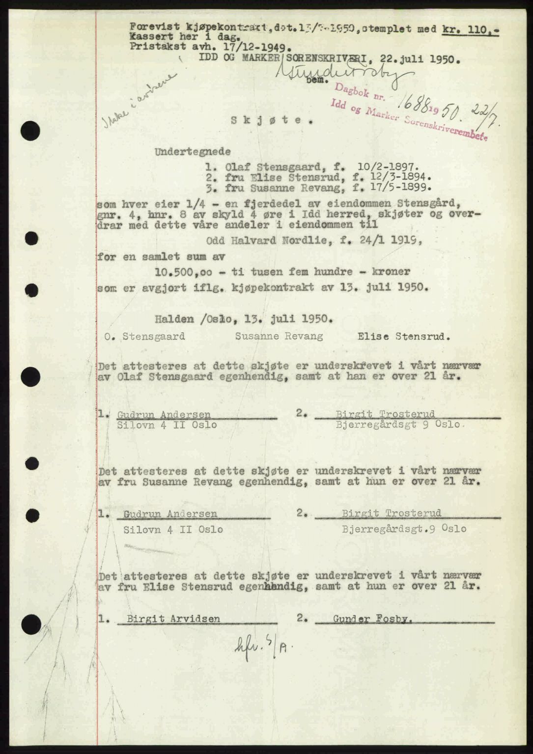 Idd og Marker sorenskriveri, AV/SAO-A-10283/G/Gb/Gbb/L0015: Mortgage book no. A15, 1950-1950, Diary no: : 1688/1950