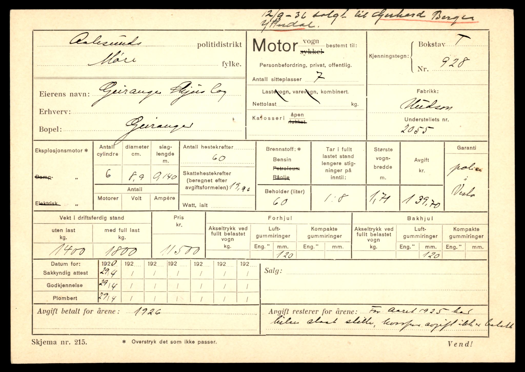 Møre og Romsdal vegkontor - Ålesund trafikkstasjon, SAT/A-4099/F/Fe/L0009: Registreringskort for kjøretøy T 896 - T 1049, 1927-1998, p. 517