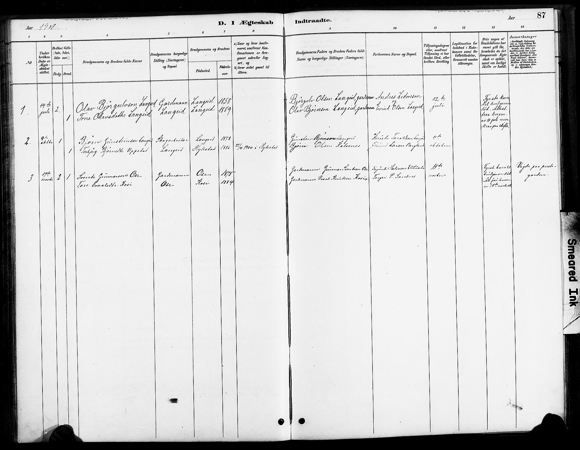Bygland sokneprestkontor, SAK/1111-0006/F/Fa/Faa/L0001: Parish register (official) no. A 1, 1885-1908, p. 87