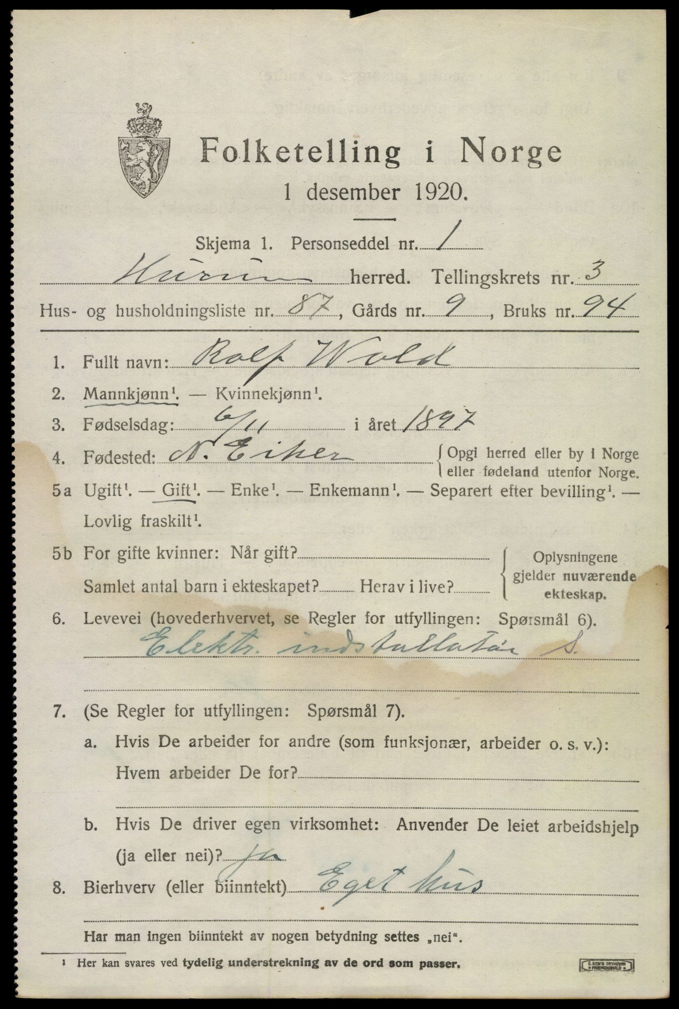 SAKO, 1920 census for Hurum, 1920, p. 5720