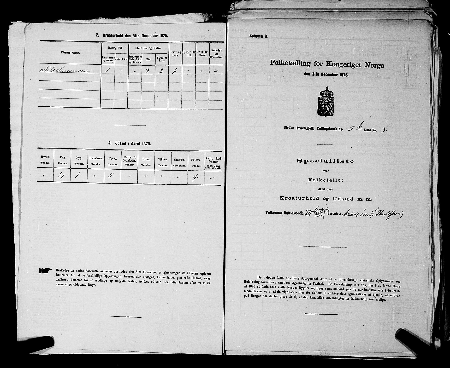 SAKO, 1875 census for 0720P Stokke, 1875, p. 1115