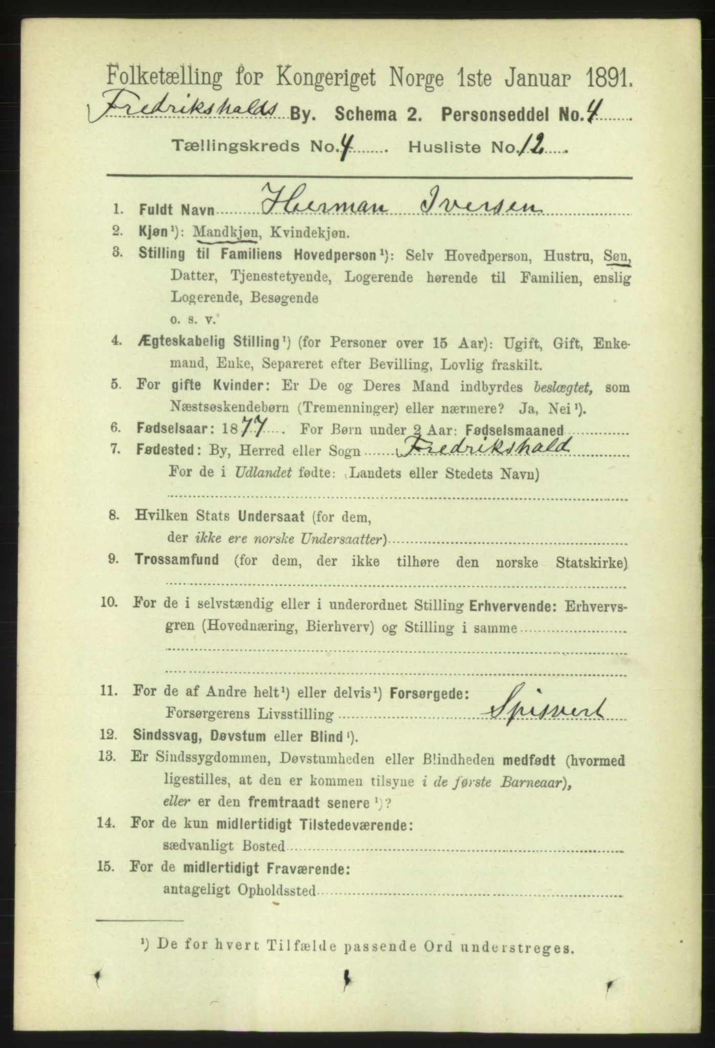 RA, 1891 census for 0101 Fredrikshald, 1891, p. 3843