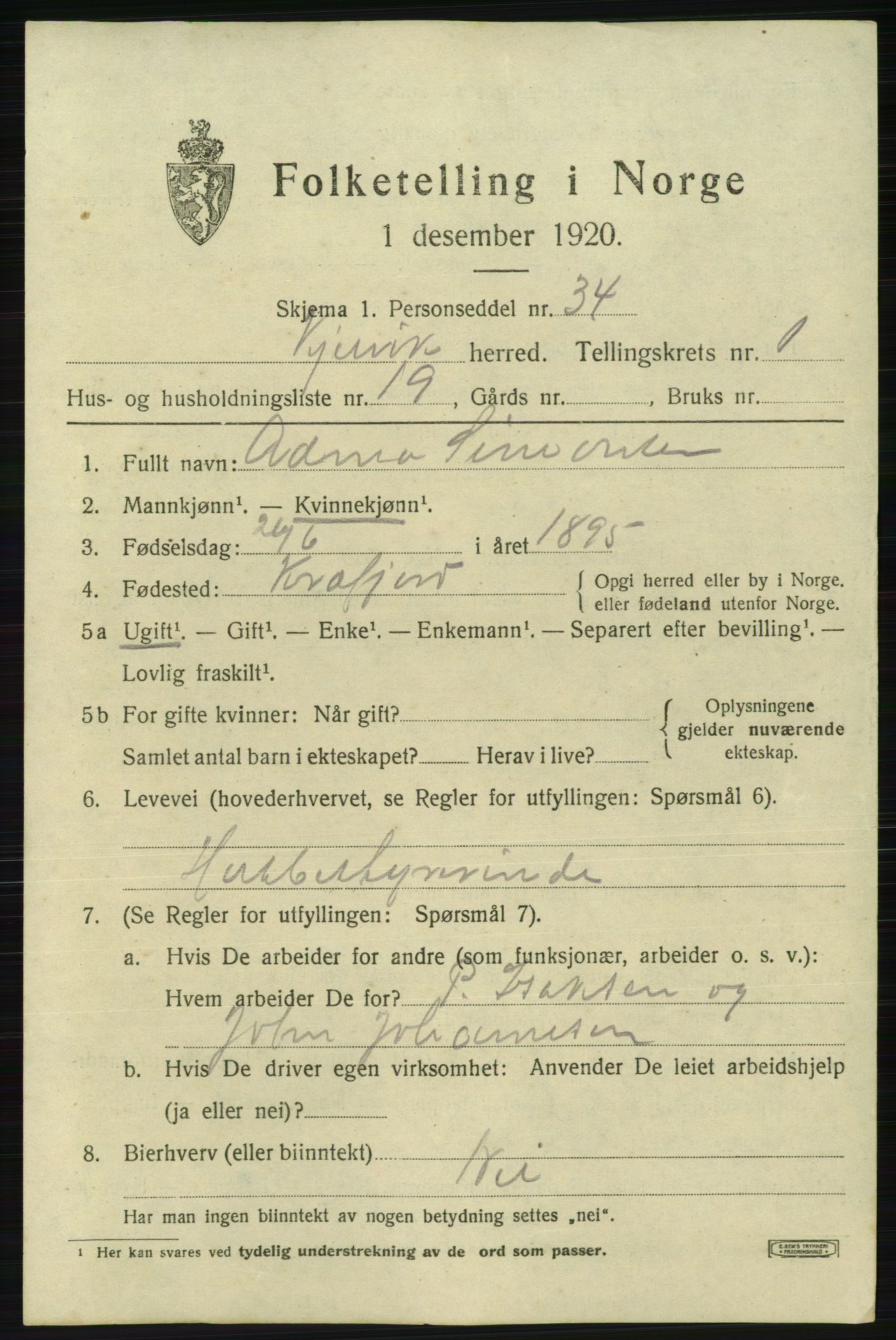 SATØ, 1920 census for Kjelvik, 1920, p. 1385