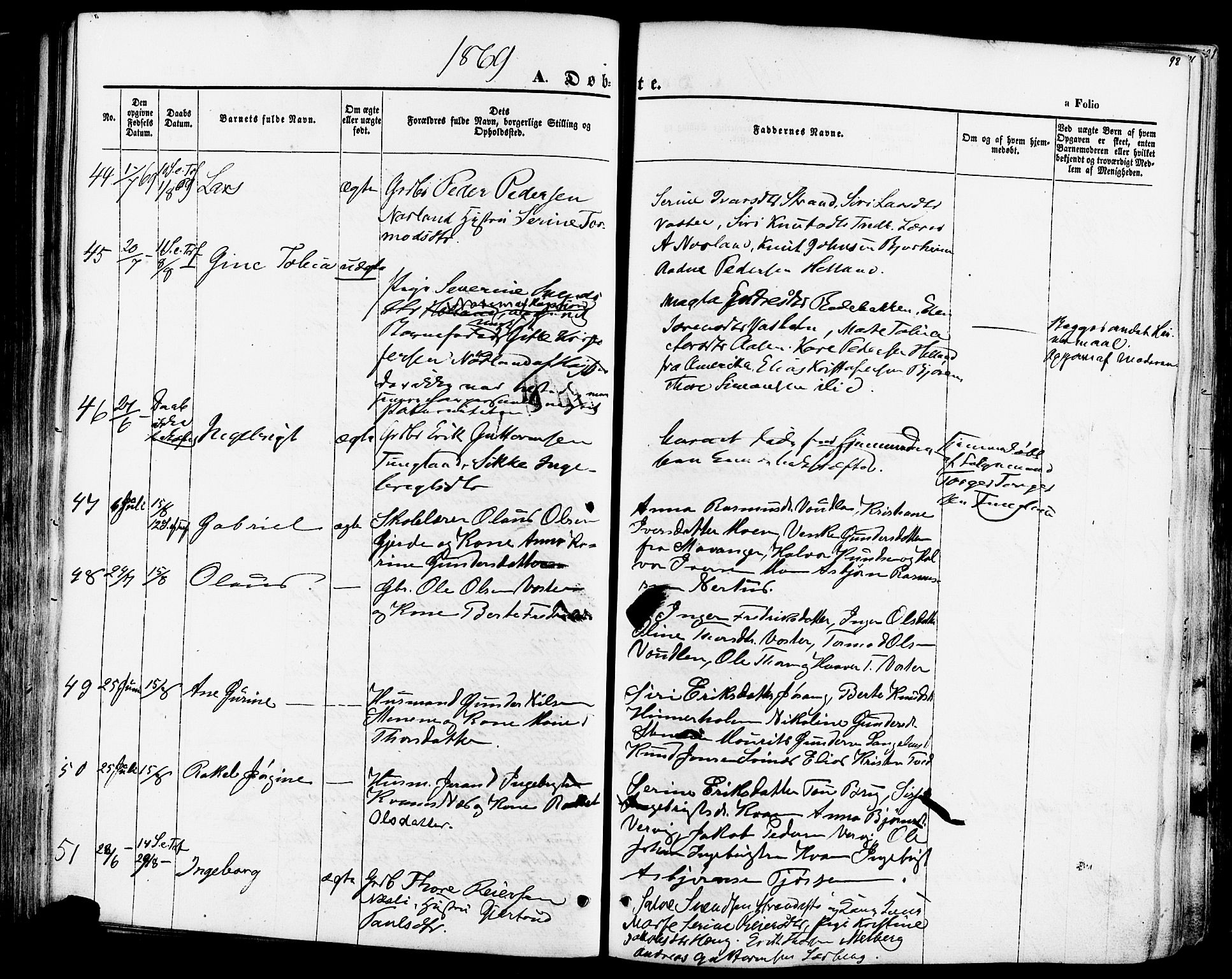 Strand sokneprestkontor, AV/SAST-A-101828/H/Ha/Haa/L0007: Parish register (official) no. A 7, 1855-1881, p. 98