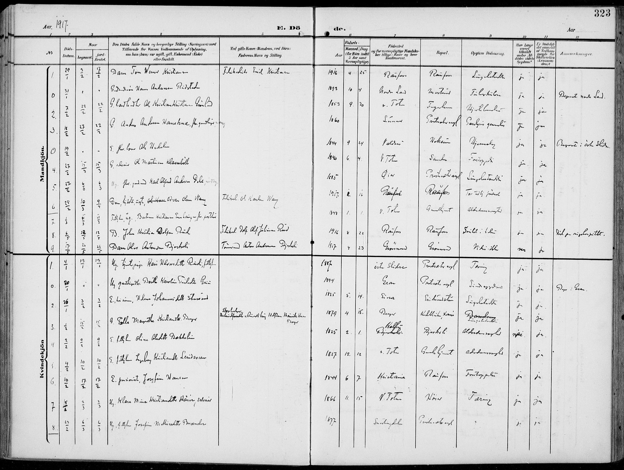 Vestre Toten prestekontor, SAH/PREST-108/H/Ha/Haa/L0014: Parish register (official) no. 14, 1907-1920, p. 323