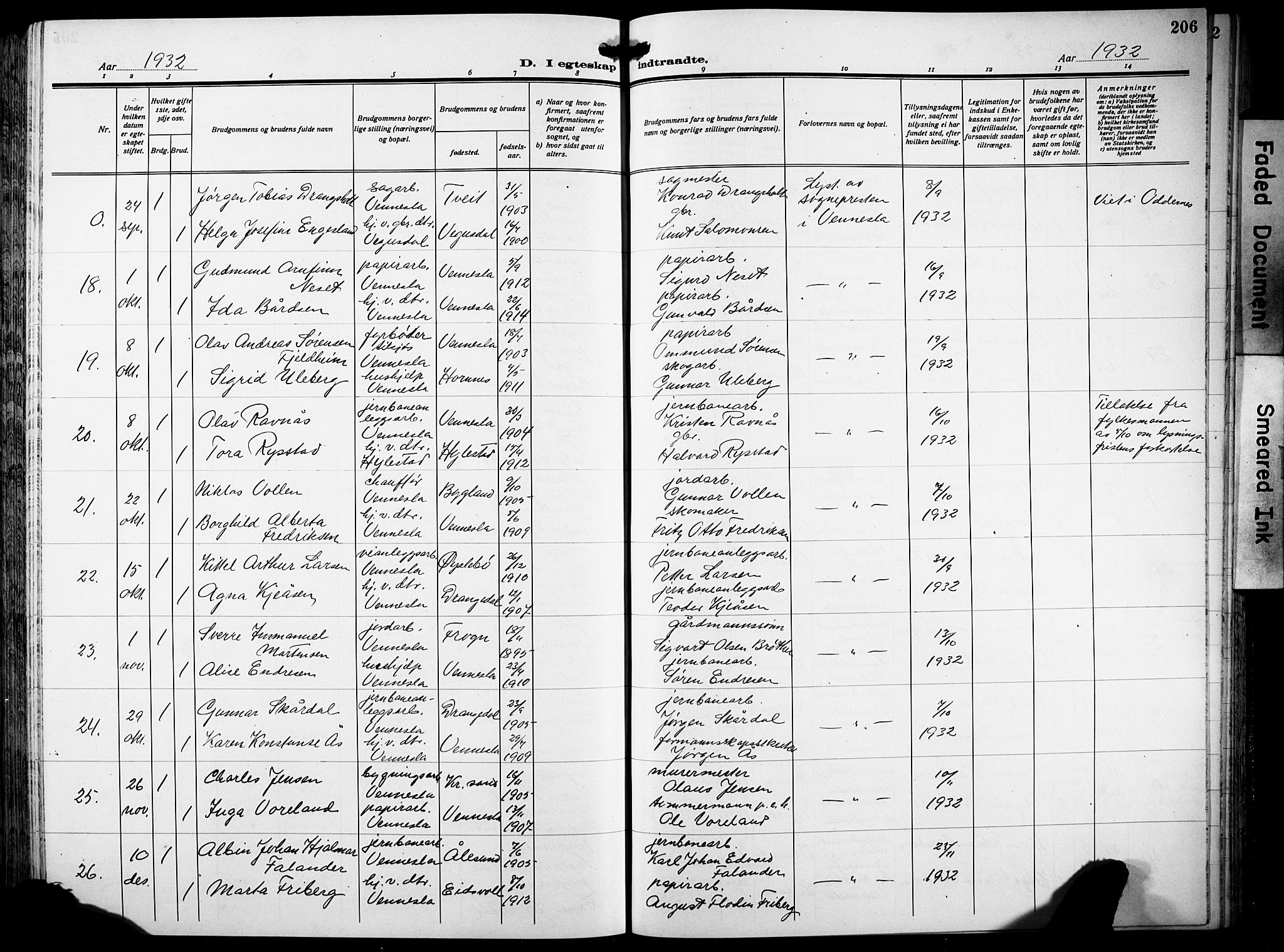 Vennesla sokneprestkontor, SAK/1111-0045/Fb/Fbb/L0007: Parish register (copy) no. B 7, 1922-1933, p. 206