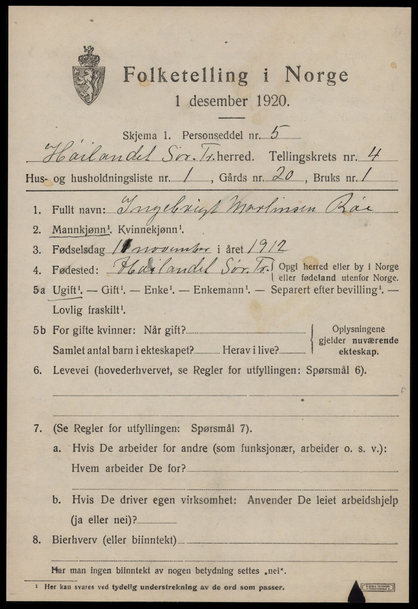 SAT, 1920 census for Hølonda, 1920, p. 1531