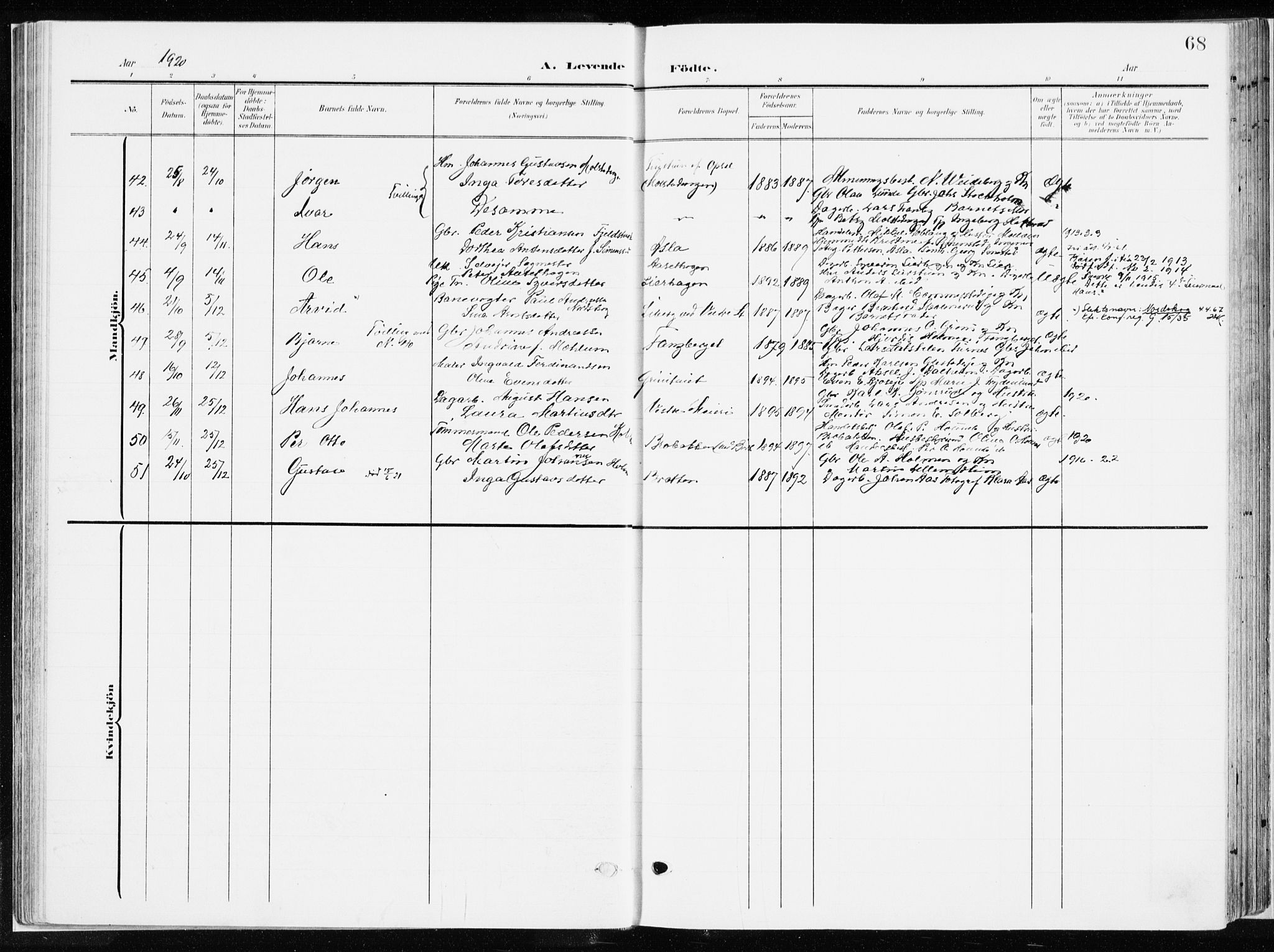 Ringsaker prestekontor, AV/SAH-PREST-014/K/Ka/L0019: Parish register (official) no. 19, 1905-1920, p. 68