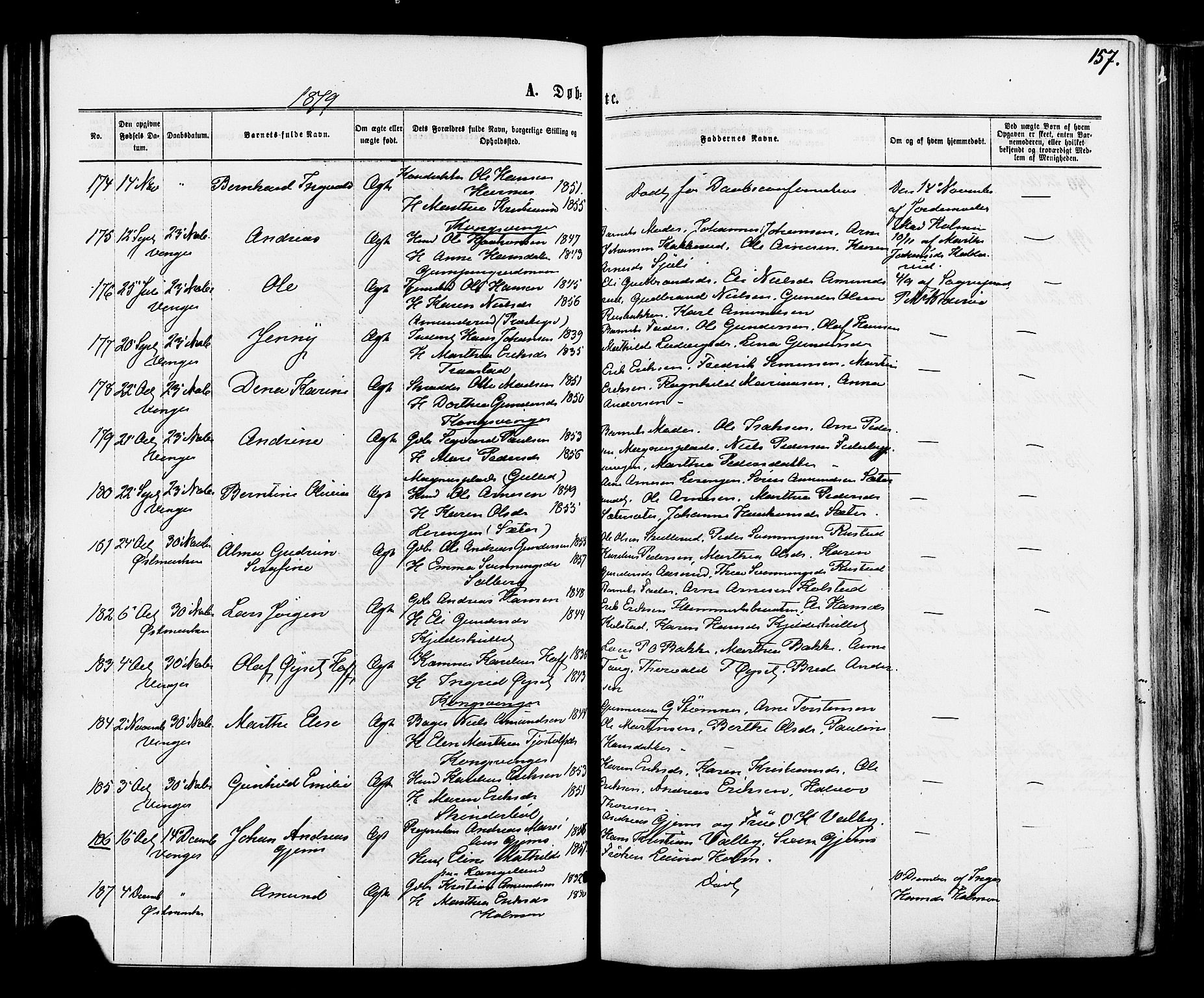 Vinger prestekontor, SAH/PREST-024/H/Ha/Haa/L0012: Parish register (official) no. 12, 1871-1880, p. 157