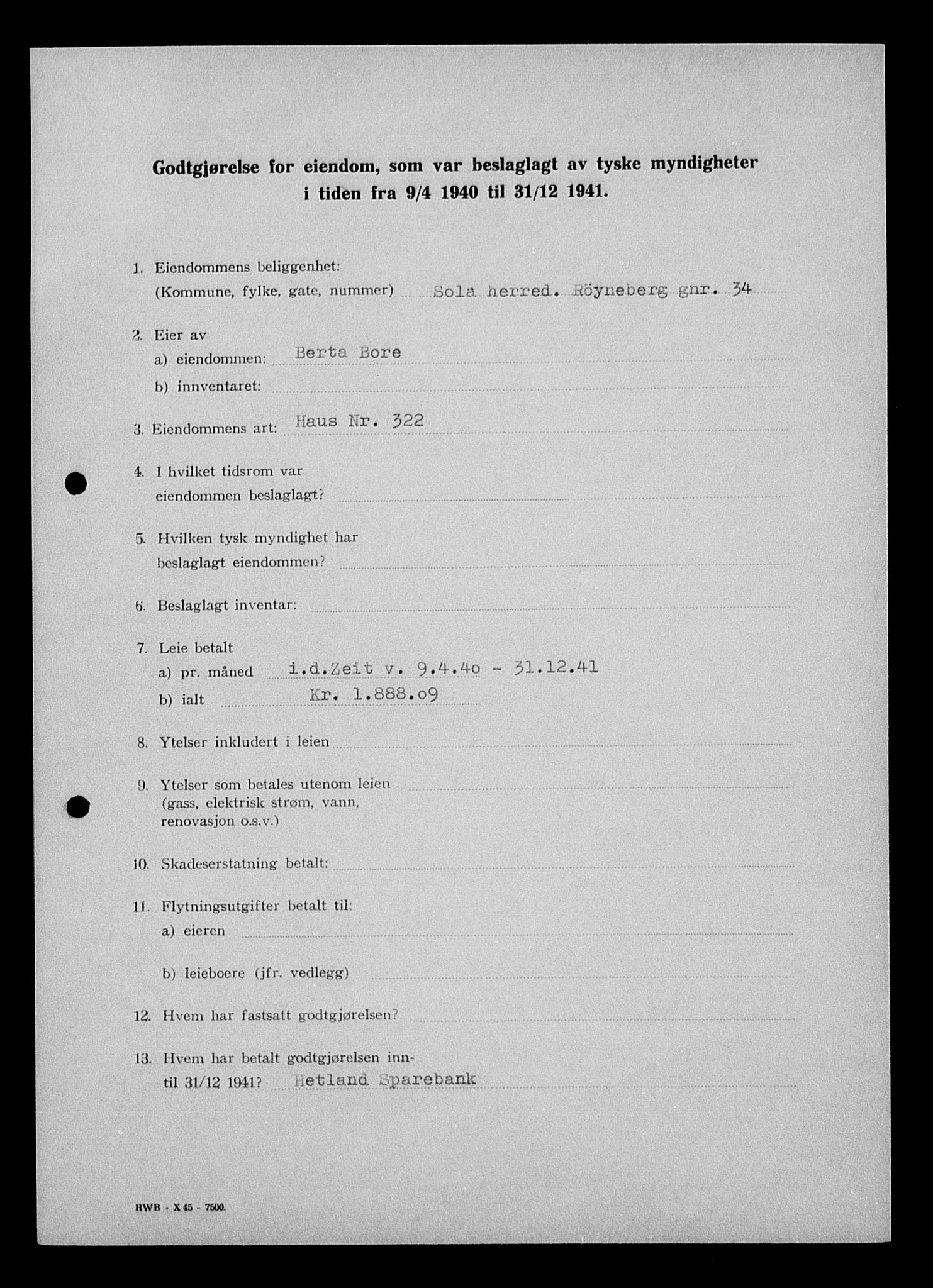 Justisdepartementet, Tilbakeføringskontoret for inndratte formuer, AV/RA-S-1564/I/L1014: Godtgjørelse for beslaglagt eiendom, 1940-1941, p. 187