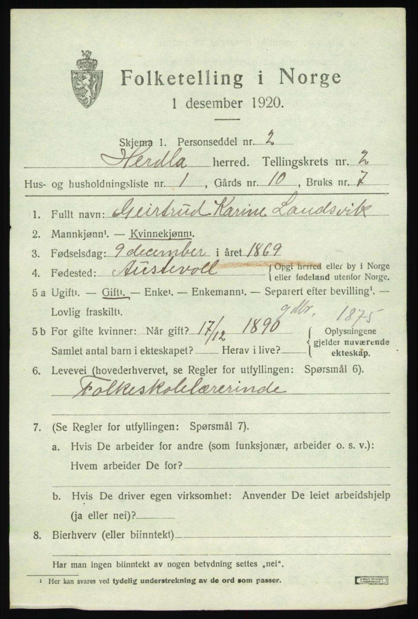 SAB, 1920 census for Herdla, 1920, p. 2387