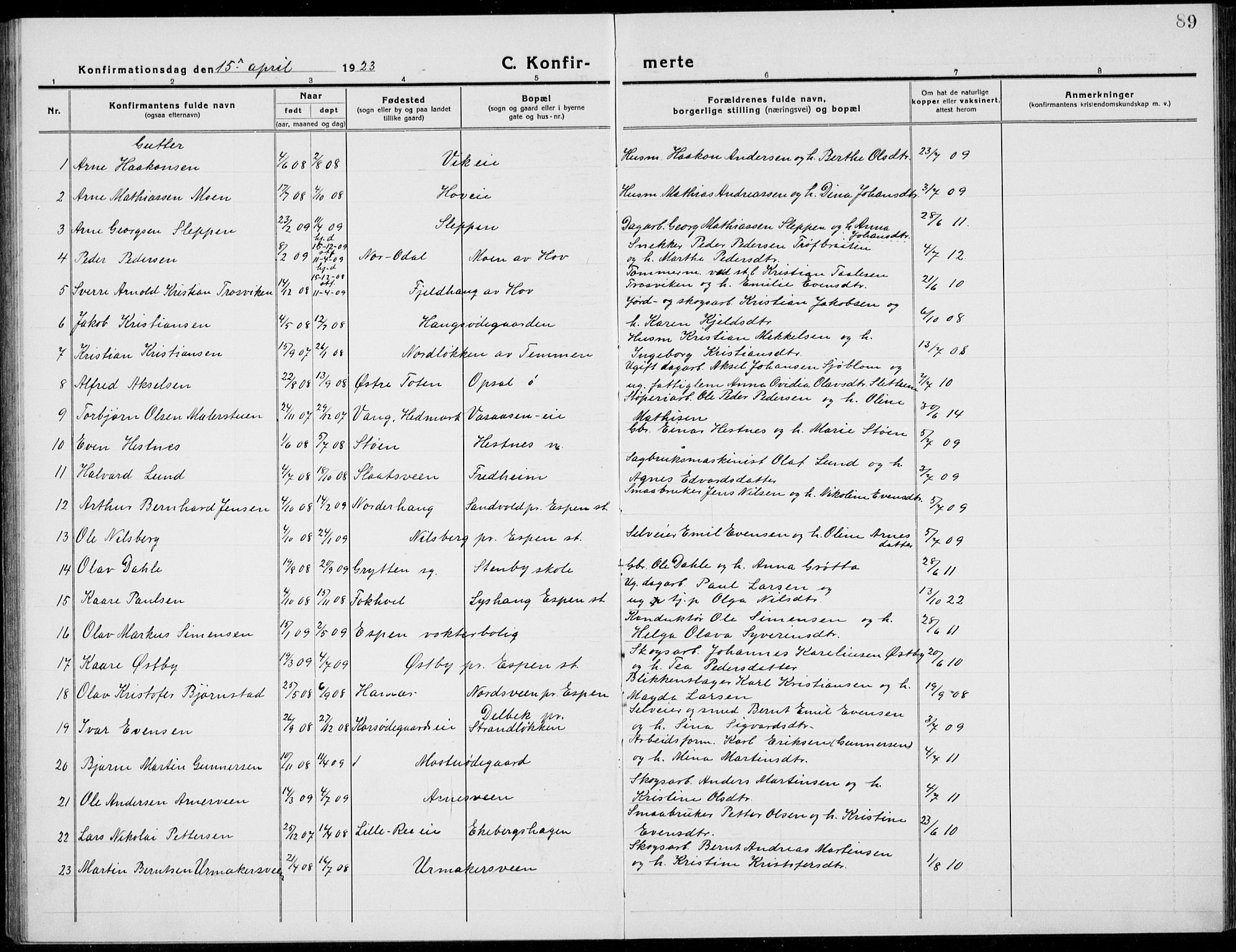 Stange prestekontor, AV/SAH-PREST-002/L/L0017: Parish register (copy) no. 17, 1918-1936, p. 89