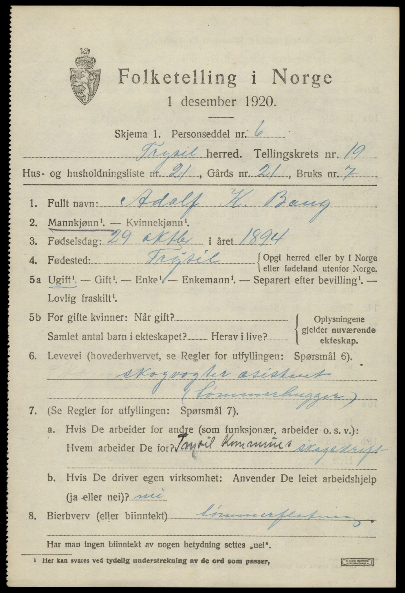 SAH, 1920 census for Trysil, 1920, p. 12981