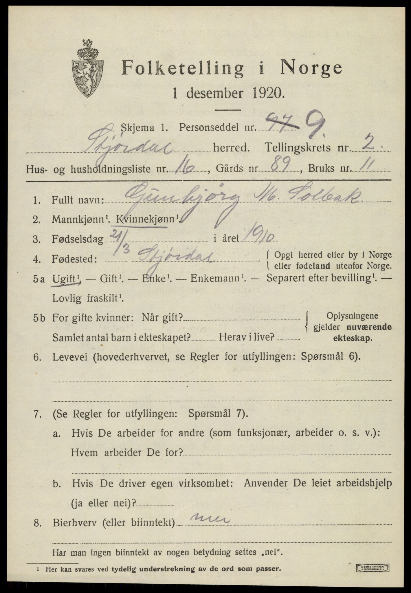 SAT, 1920 census for Stjørdal, 1920, p. 2078