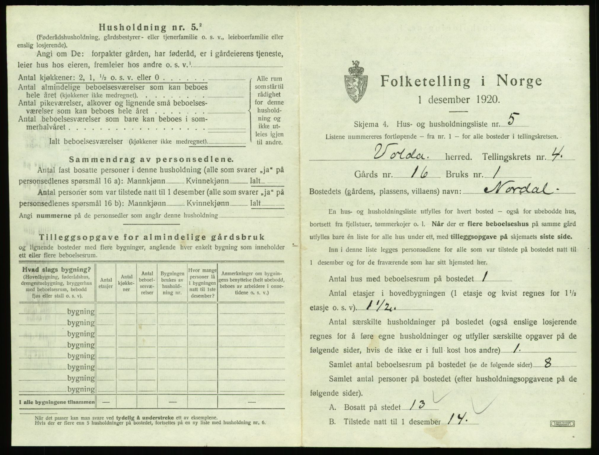 SAT, 1920 census for Volda, 1920, p. 274