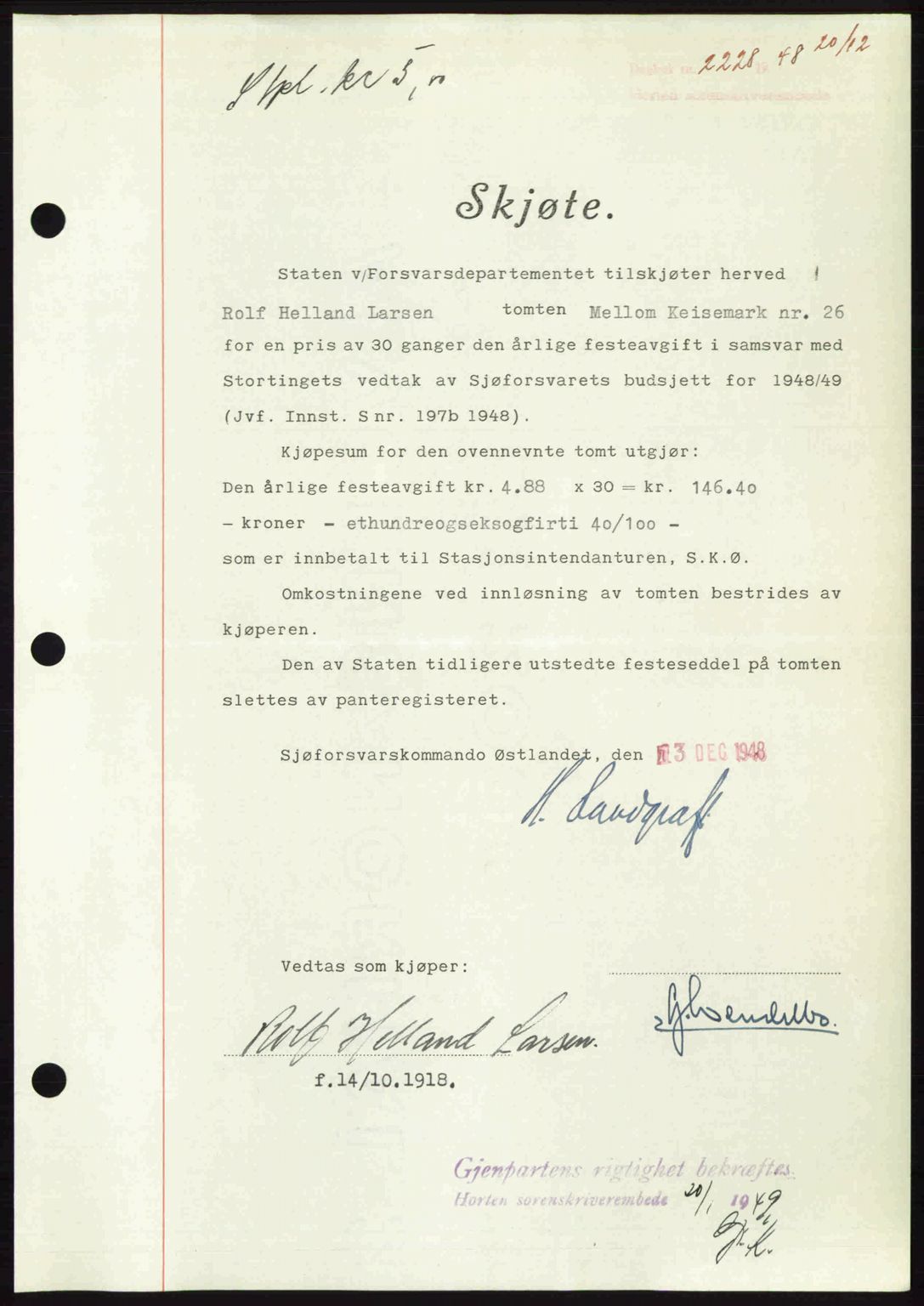 Horten sorenskriveri, AV/SAKO-A-133/G/Ga/Gaa/L0011: Mortgage book no. A-11, 1948-1948, Diary no: : 2228/1948