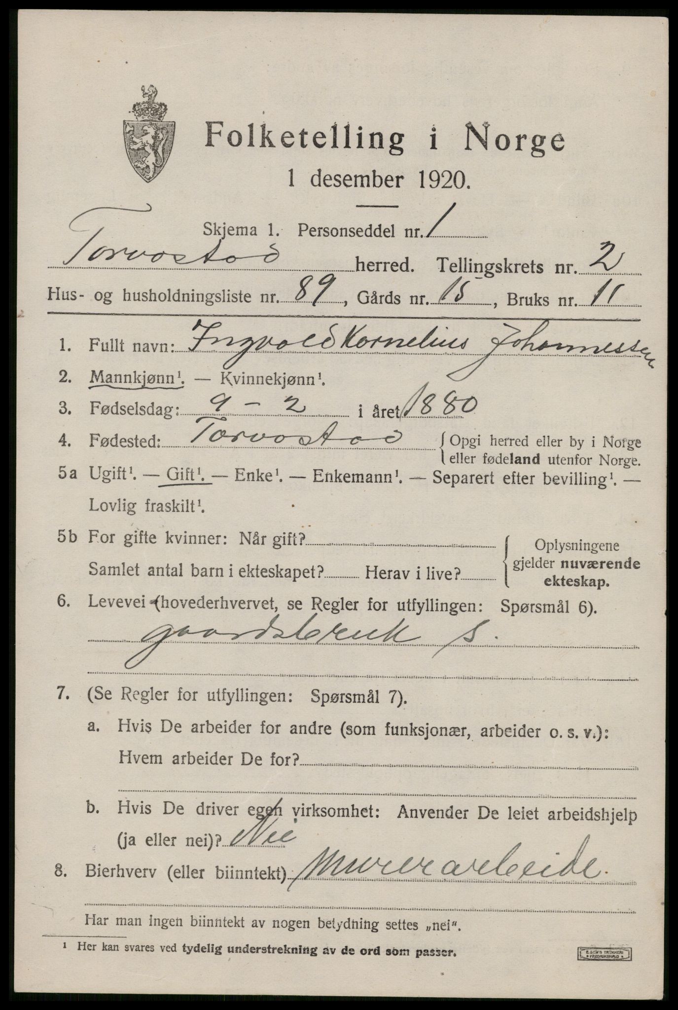 SAST, 1920 census for Torvastad, 1920, p. 2926