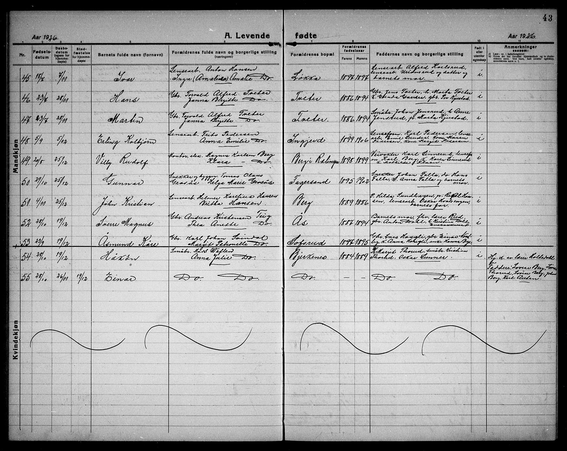 Fet prestekontor Kirkebøker, AV/SAO-A-10370a/G/Ga/L0009: Parish register (copy) no. I 9, 1920-1934, p. 43
