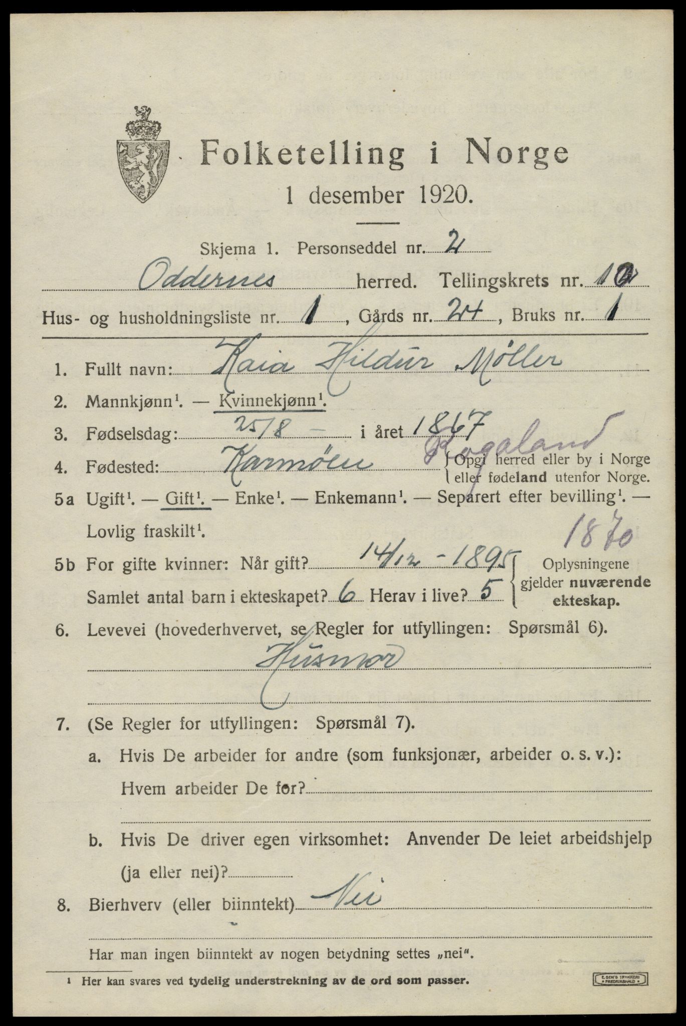 SAK, 1920 census for Oddernes, 1920, p. 6369