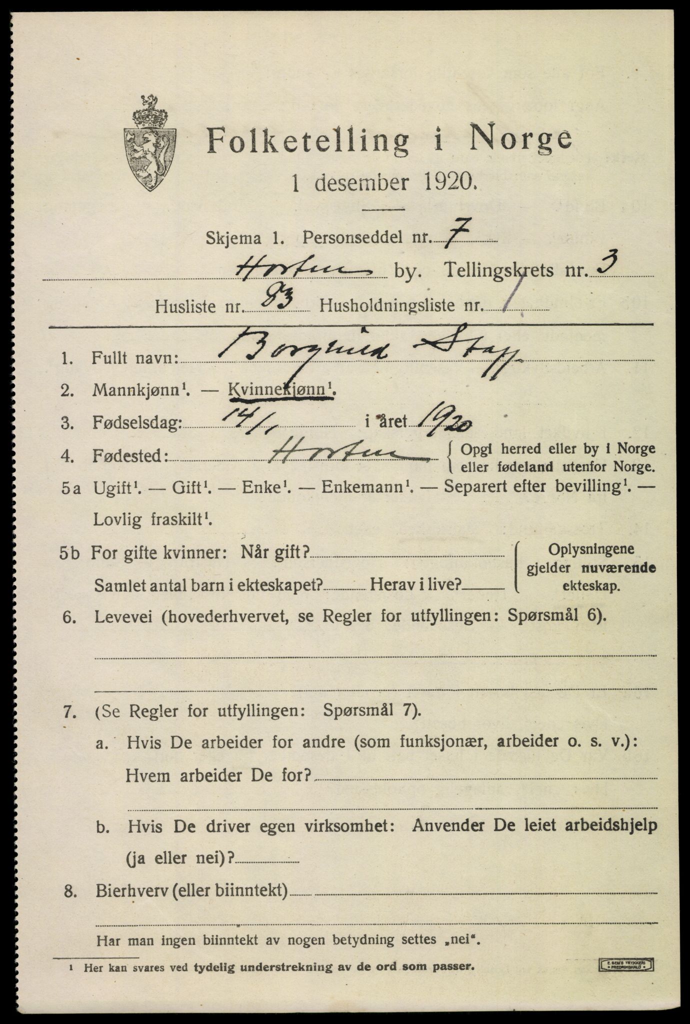 SAKO, 1920 census for Horten, 1920, p. 14619
