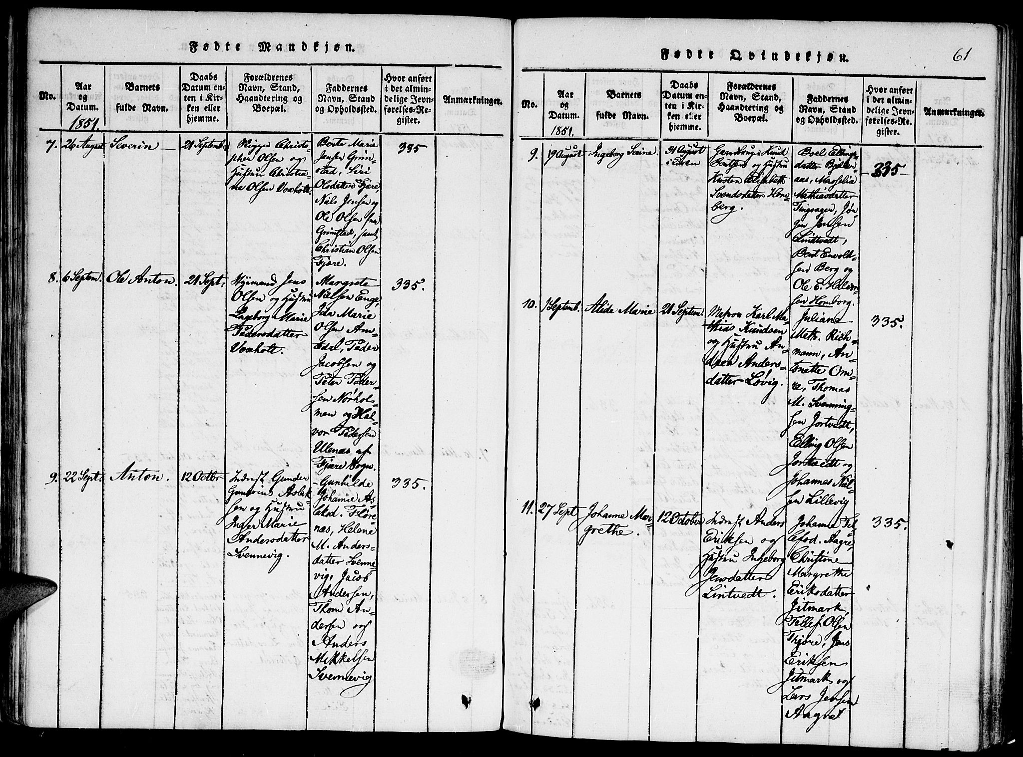 Hommedal sokneprestkontor, AV/SAK-1111-0023/F/Fa/Faa/L0001: Parish register (official) no. A 1, 1816-1860, p. 61