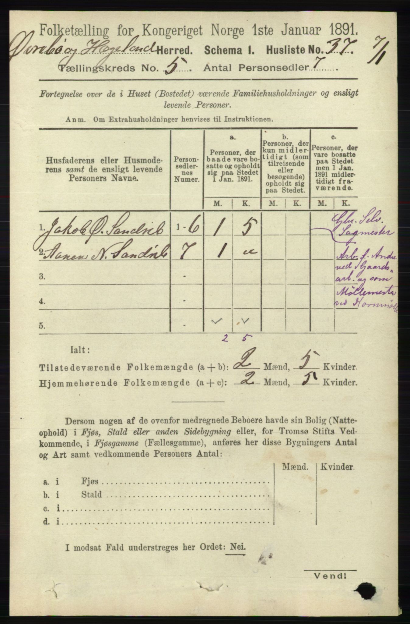 RA, 1891 census for 1016 Øvrebø og Hægeland, 1891, p. 939