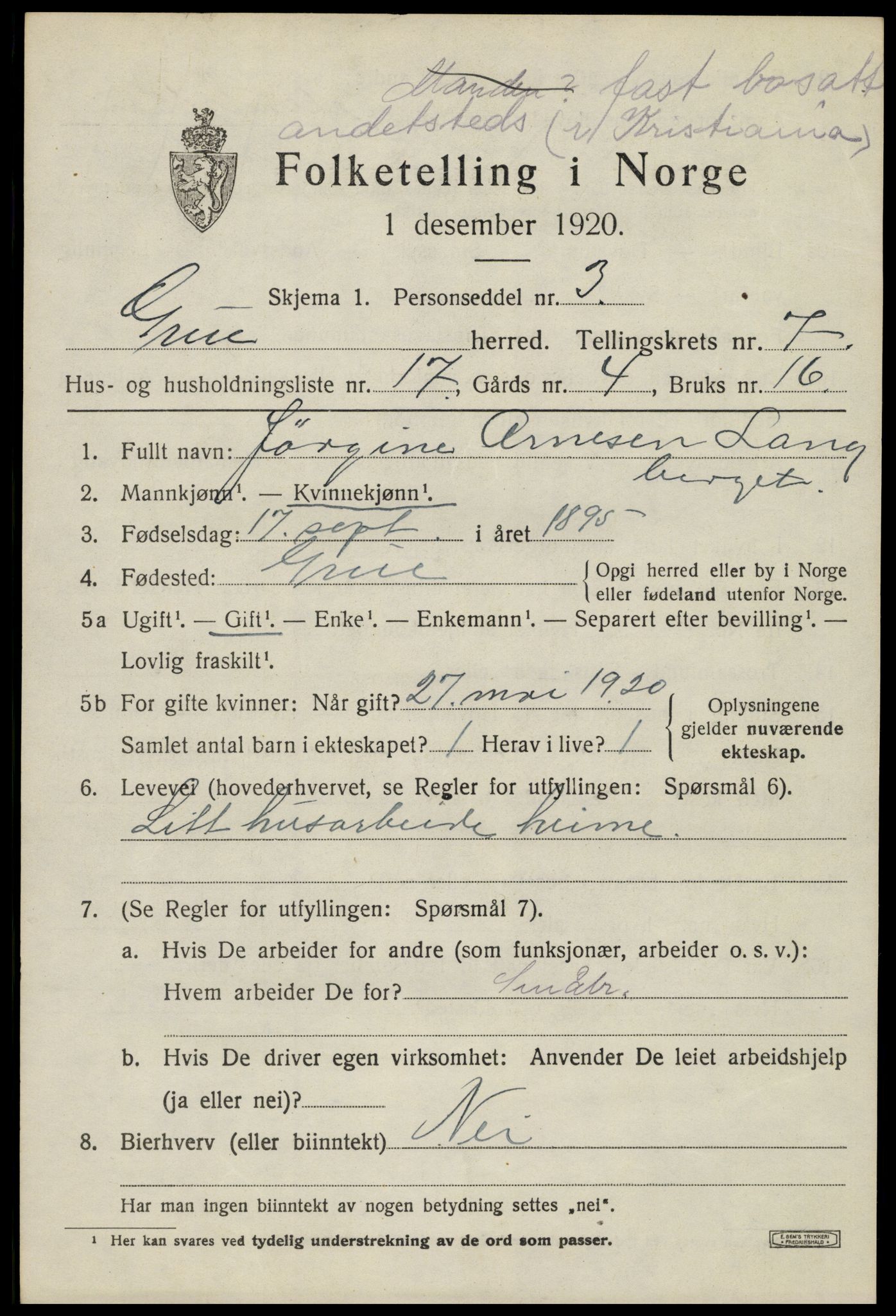 SAH, 1920 census for Grue, 1920, p. 6257