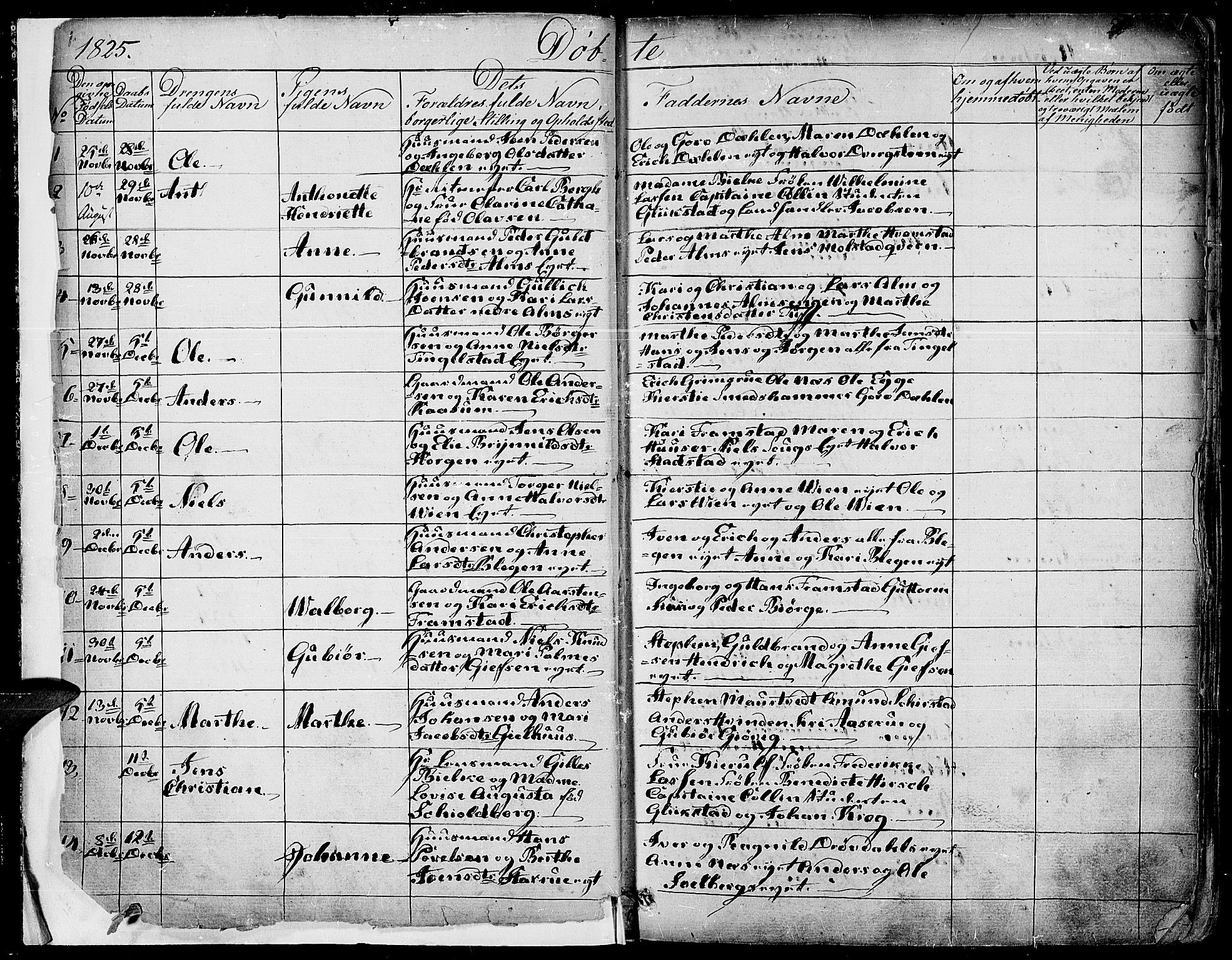 Gran prestekontor, SAH/PREST-112/H/Ha/Haa/L0010: Parish register (official) no. 10, 1824-1842, p. 1-2