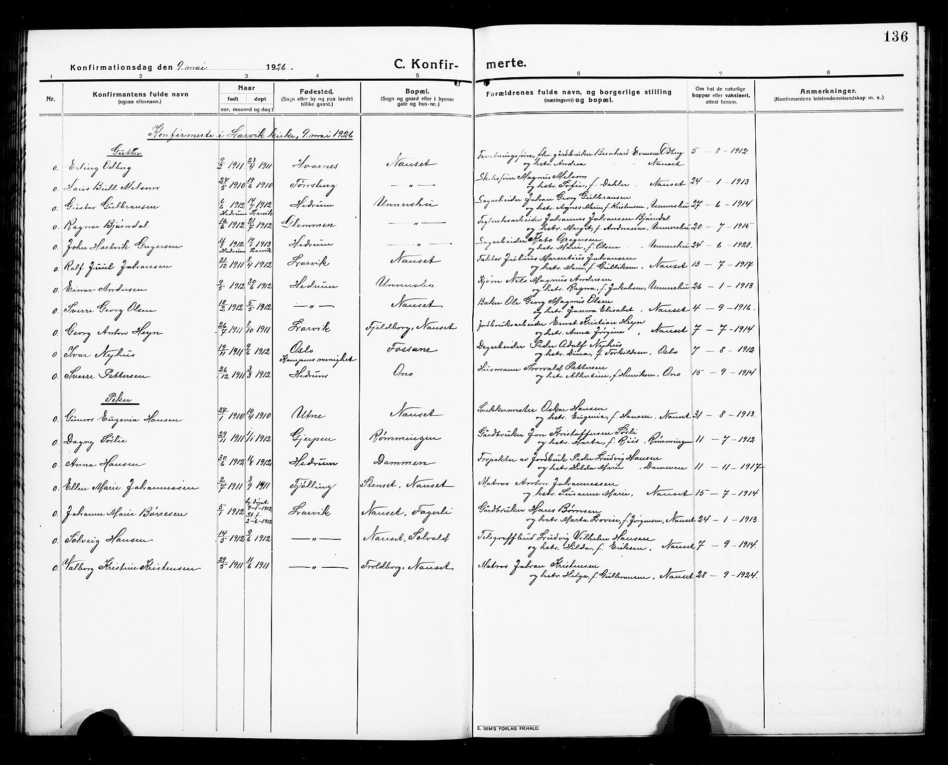 Hedrum kirkebøker, AV/SAKO-A-344/G/Ga/L0005: Parish register (copy) no. I 5, 1916-1930, p. 136