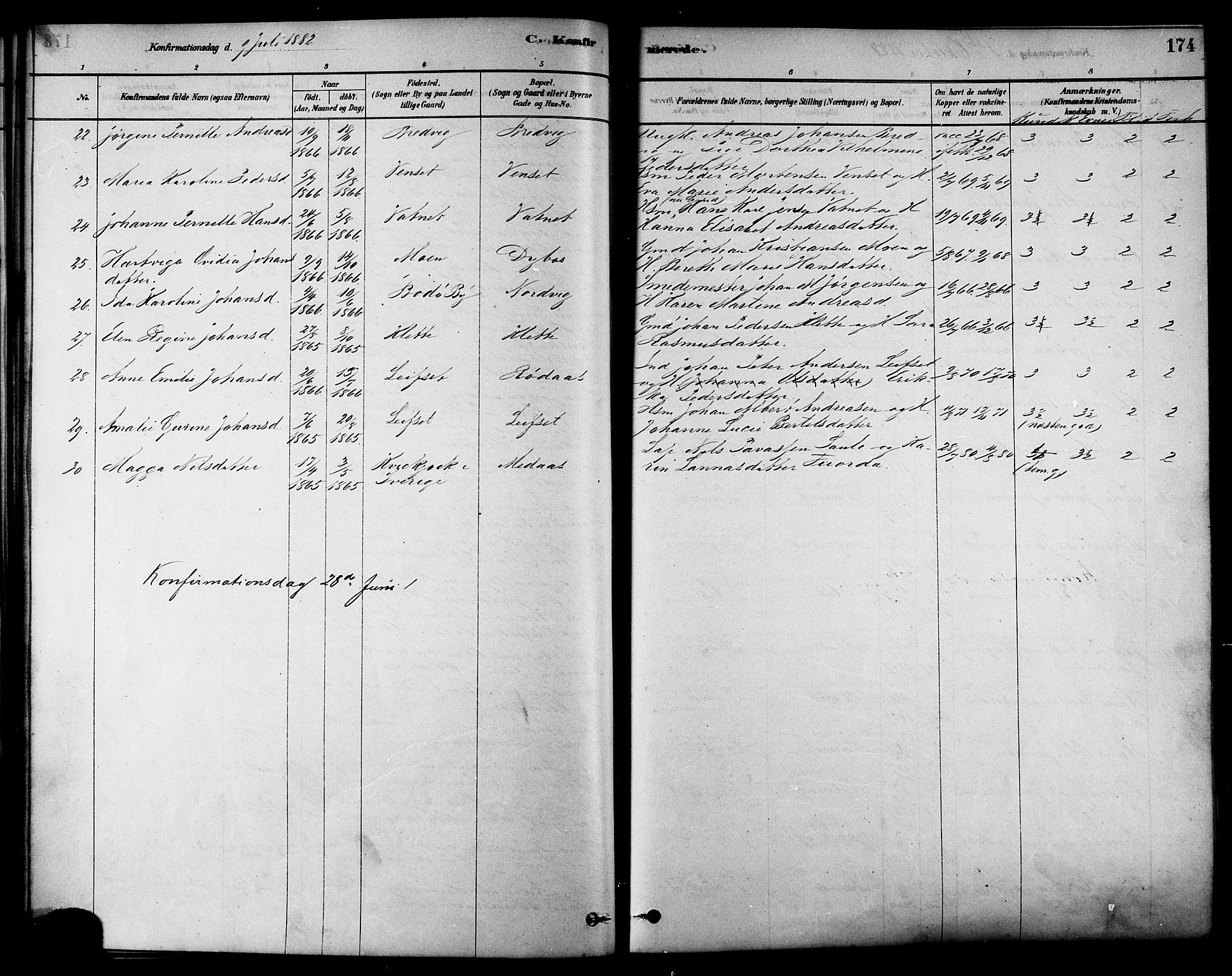 Ministerialprotokoller, klokkerbøker og fødselsregistre - Nordland, SAT/A-1459/852/L0740: Parish register (official) no. 852A10, 1878-1894, p. 174