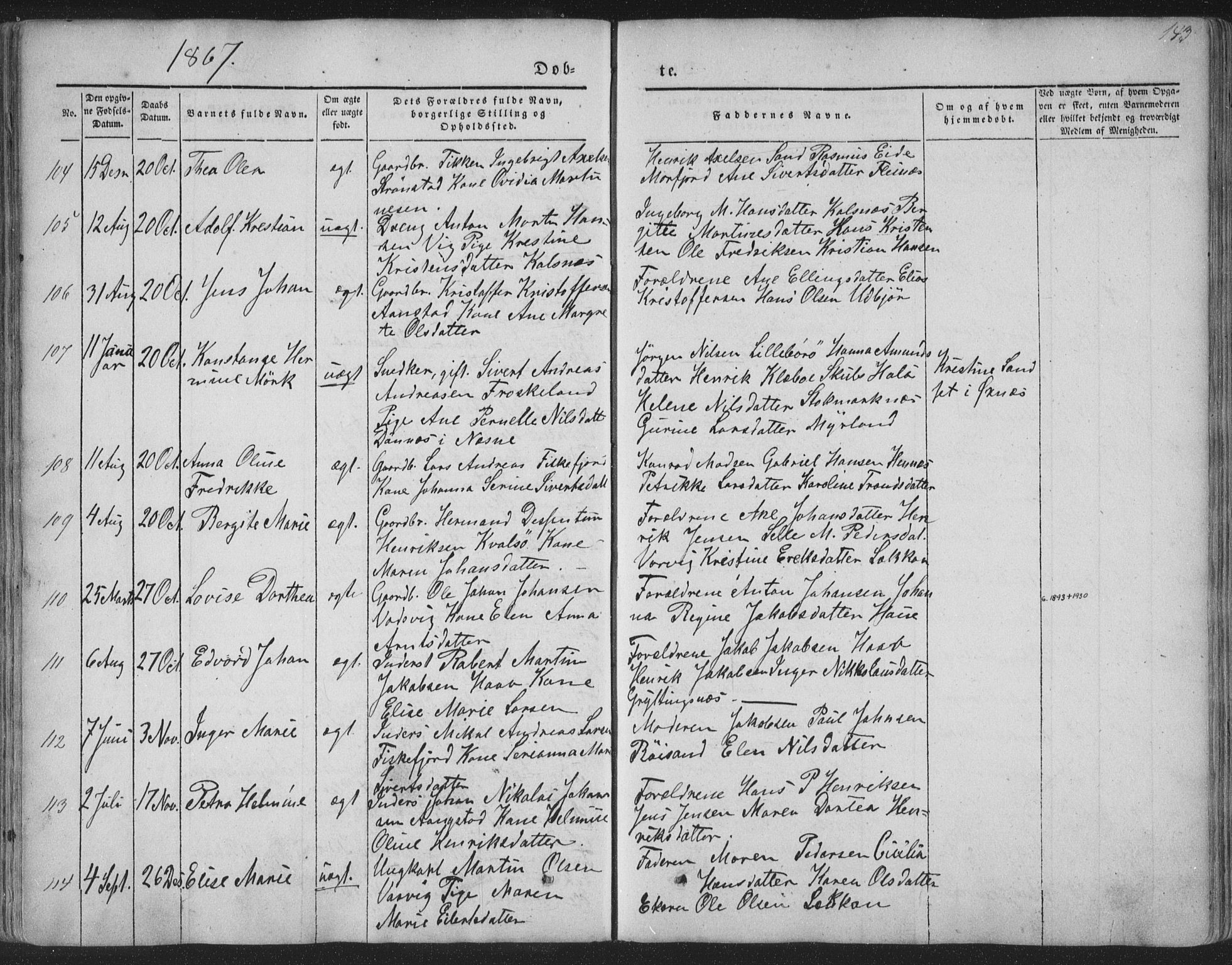 Ministerialprotokoller, klokkerbøker og fødselsregistre - Nordland, AV/SAT-A-1459/888/L1241: Parish register (official) no. 888A07, 1849-1869, p. 143