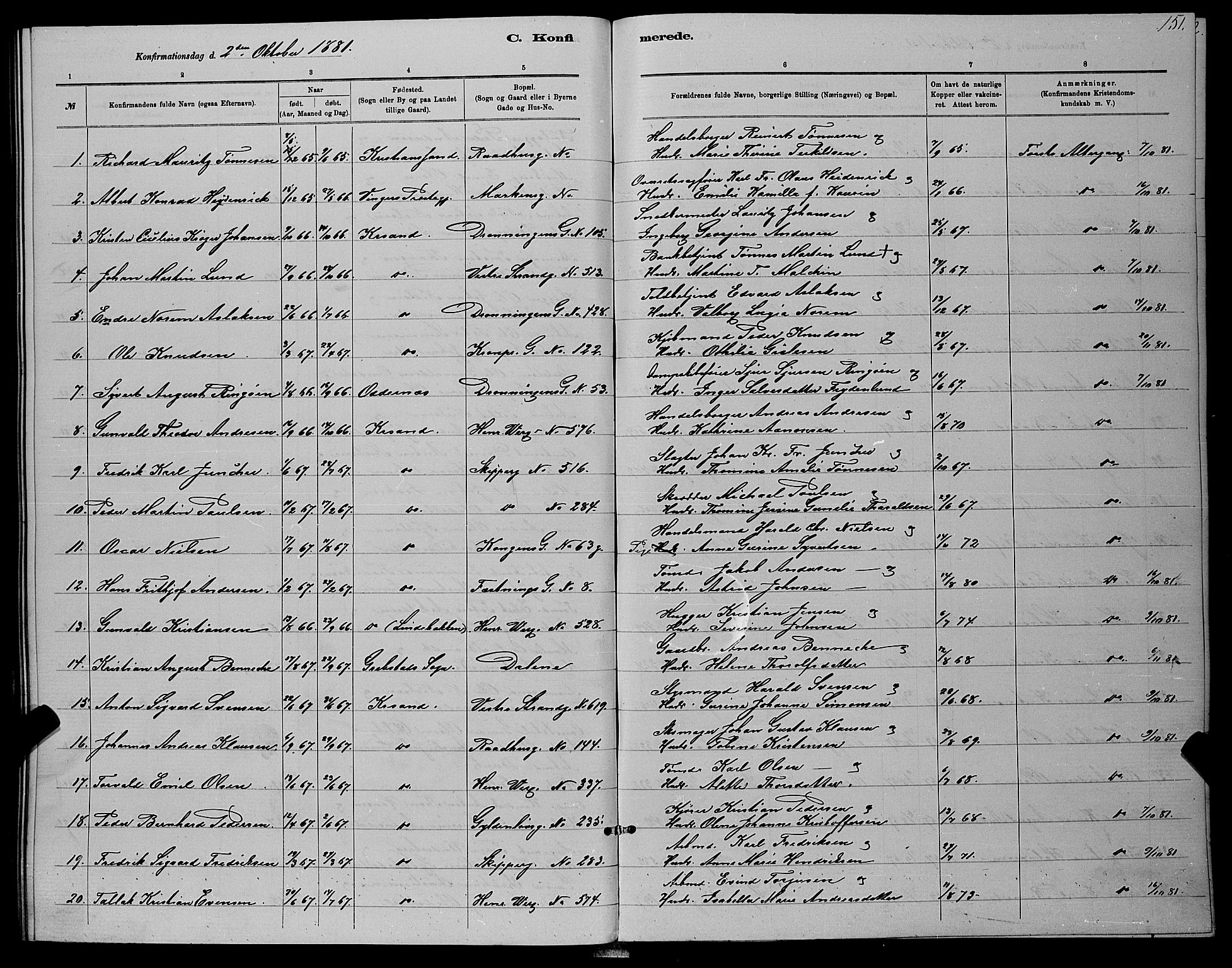 Kristiansand domprosti, SAK/1112-0006/F/Fb/L0016: Parish register (copy) no. B 16, 1881-1893, p. 151